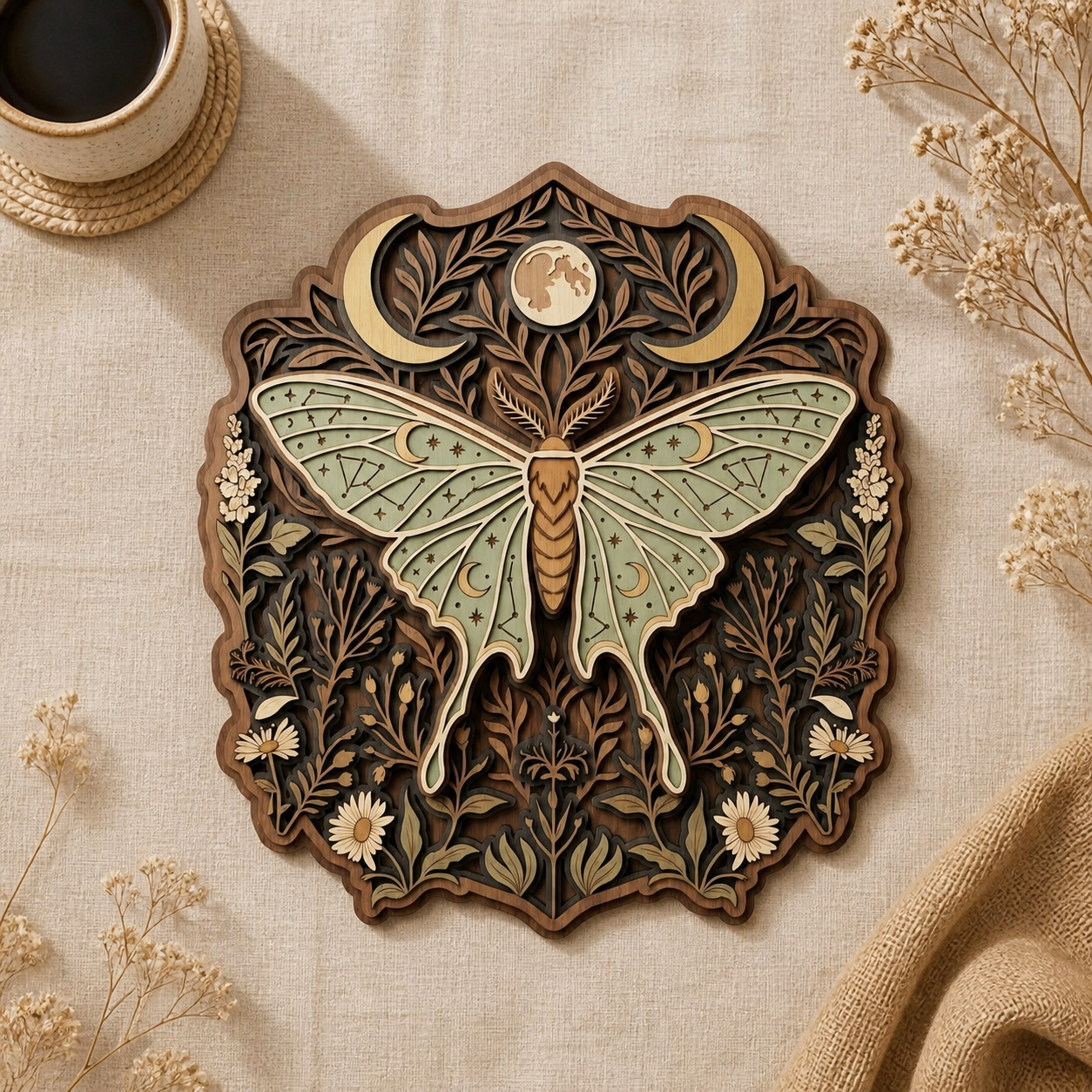 Luna Moth Wooden Sign, Crescent Moon Floral Wall Decor