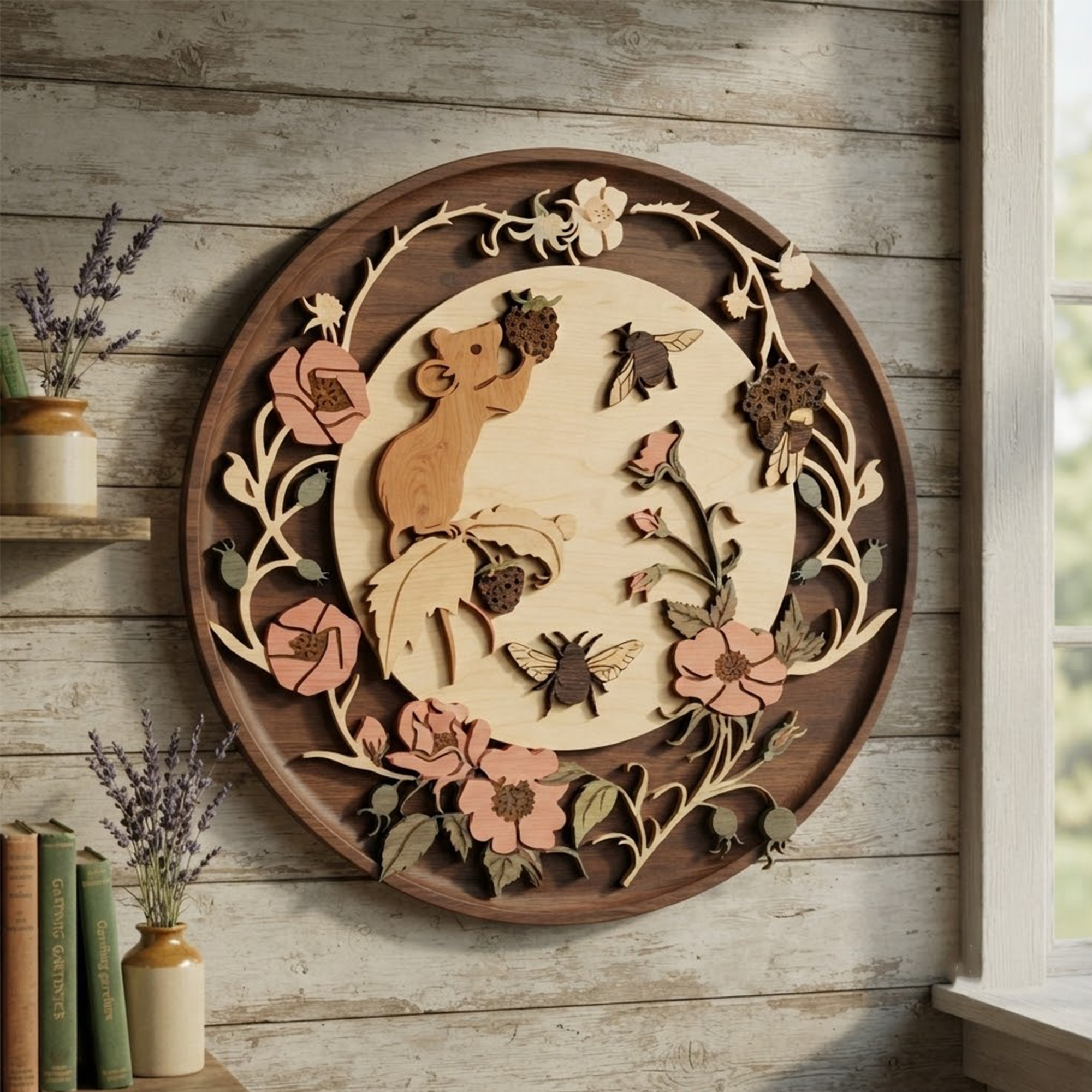 Mouse Wooden Wall Art, Floral Wooden Sign, Layered Wood Wall Decor, Rustic Farmhouse Decor, Bee Nature Wall Hanging