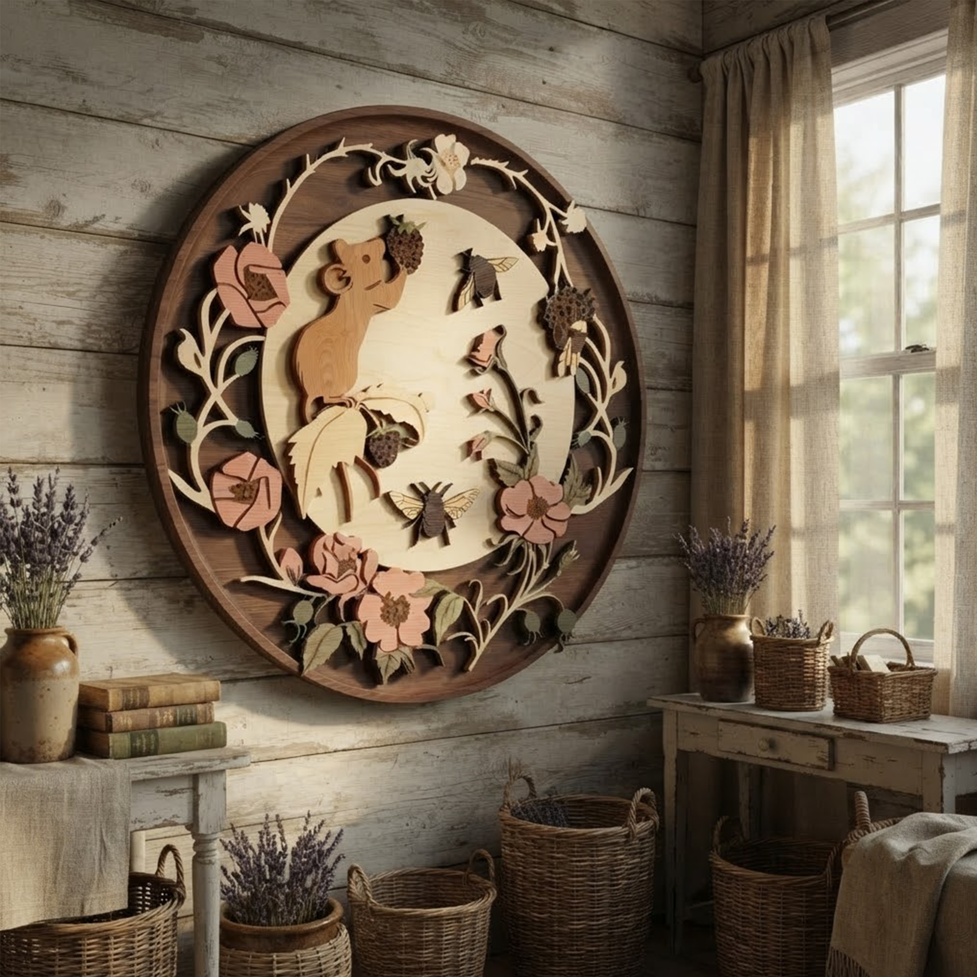 Mouse Wooden Wall Art, Floral Wooden Sign, Layered Wood Wall Decor, Rustic Farmhouse Decor, Bee Nature Wall Hanging