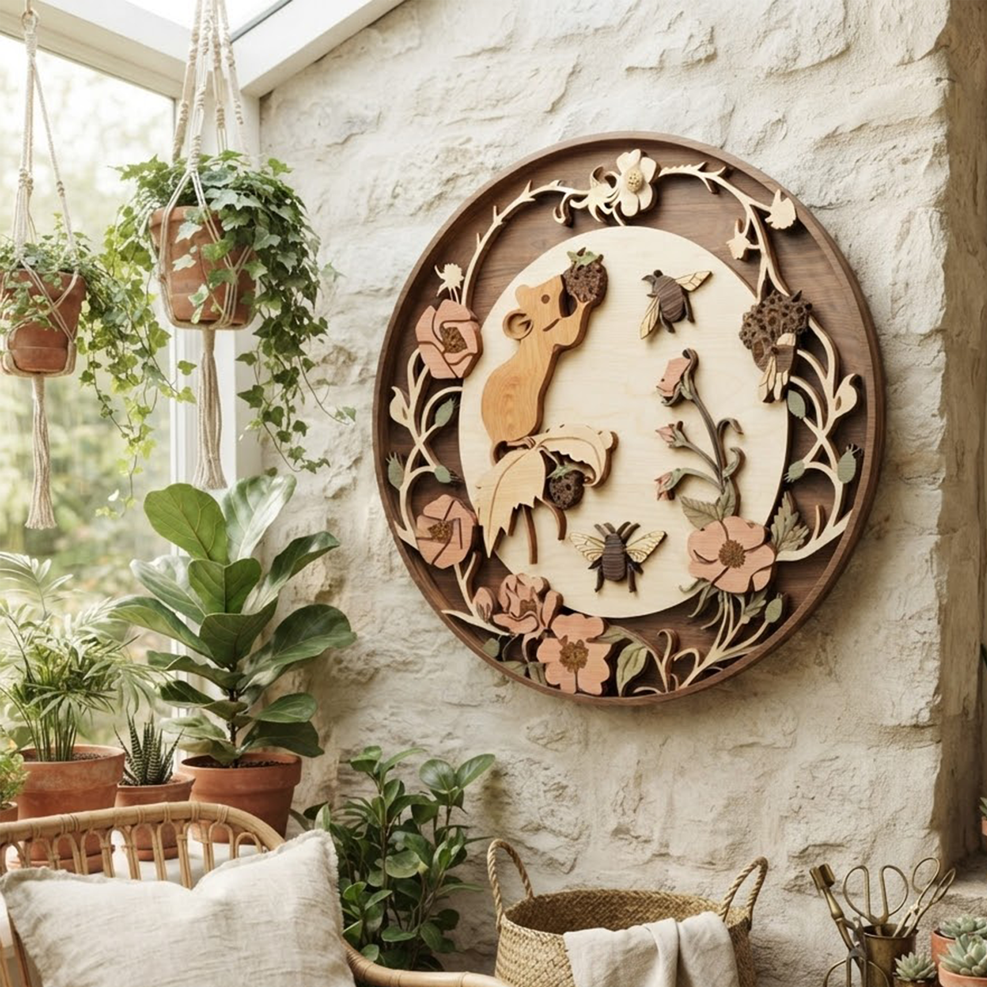 Mouse Wooden Wall Art, Floral Wooden Sign, Layered Wood Wall Decor, Rustic Farmhouse Decor, Bee Nature Wall Hanging
