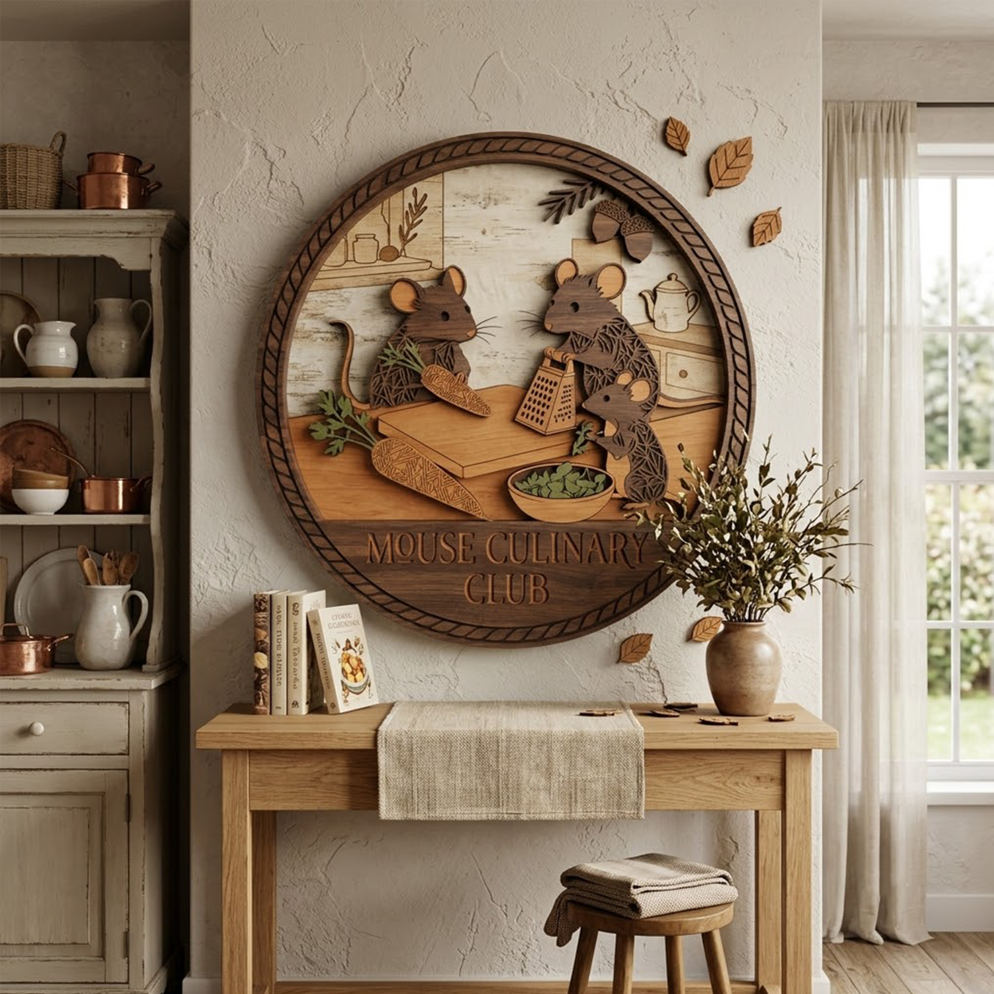 Wooden Layered Wall Art, Mouse Culinary Club Sign, 3D Multi Layer Wood Decor, Kitchen Animal Artwork, Cute Mouse Wall Hanging