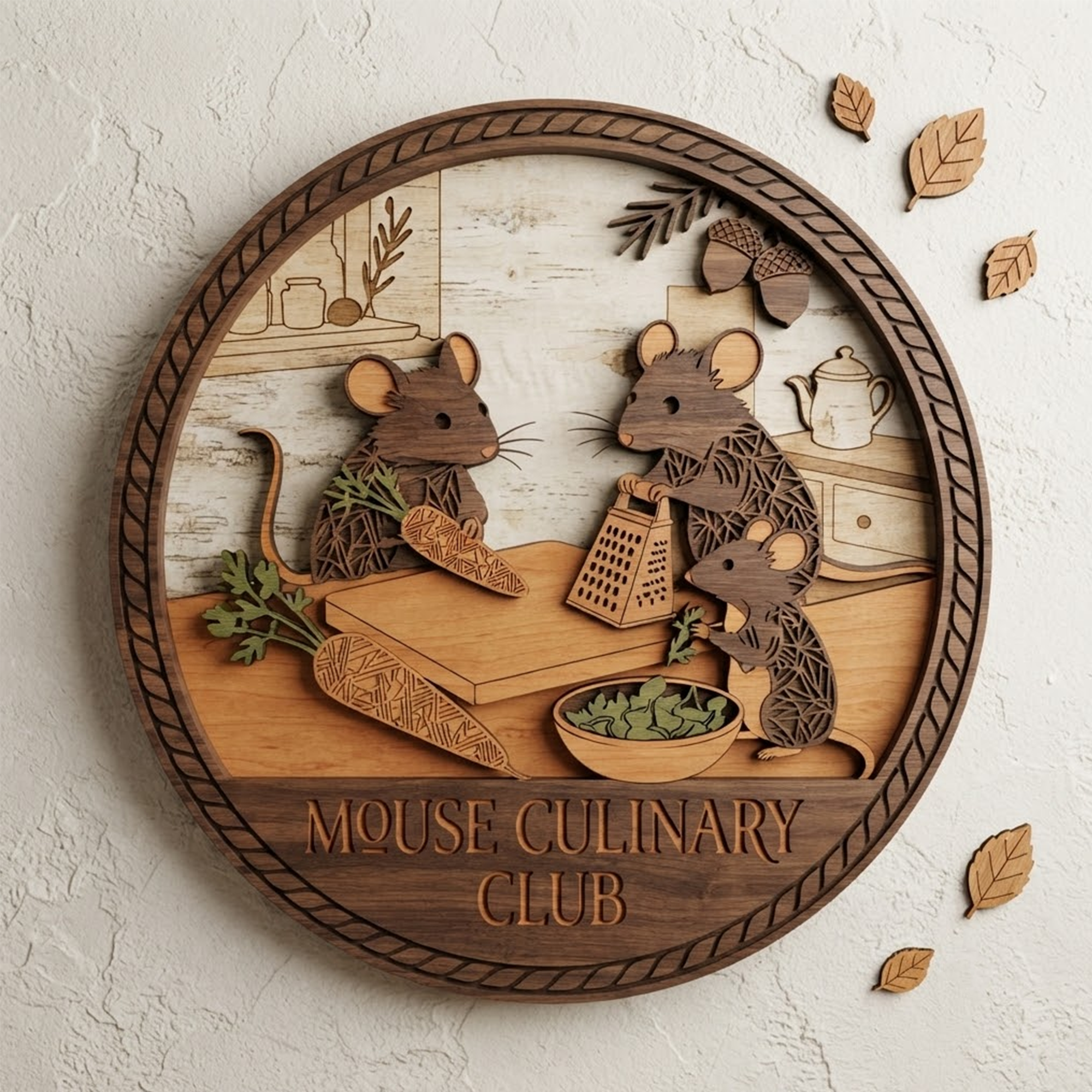 Wooden Layered Wall Art, Mouse Culinary Club Sign, 3D Multi Layer Wood Decor, Kitchen Animal Artwork, Cute Mouse Wall Hanging