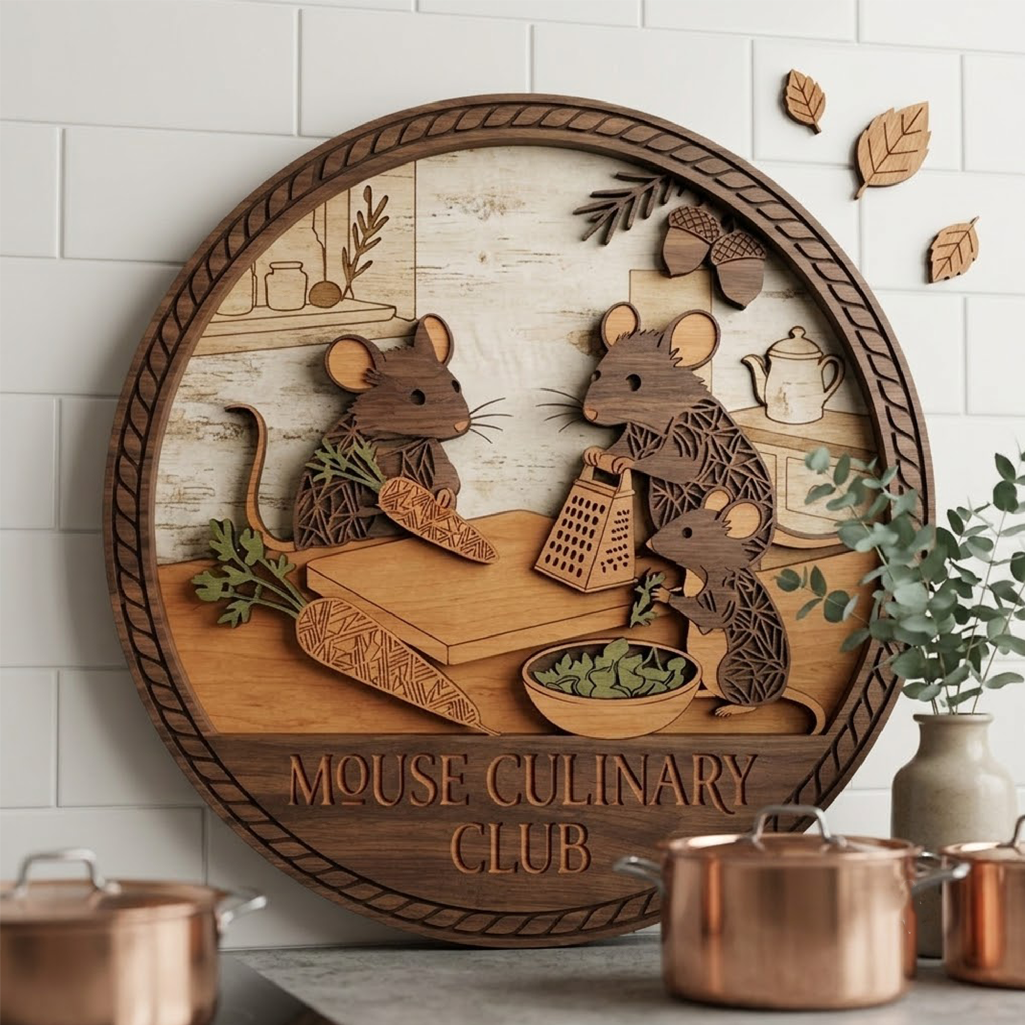Wooden Layered Wall Art, Mouse Culinary Club Sign, 3D Multi Layer Wood Decor, Kitchen Animal Artwork, Cute Mouse Wall Hanging
