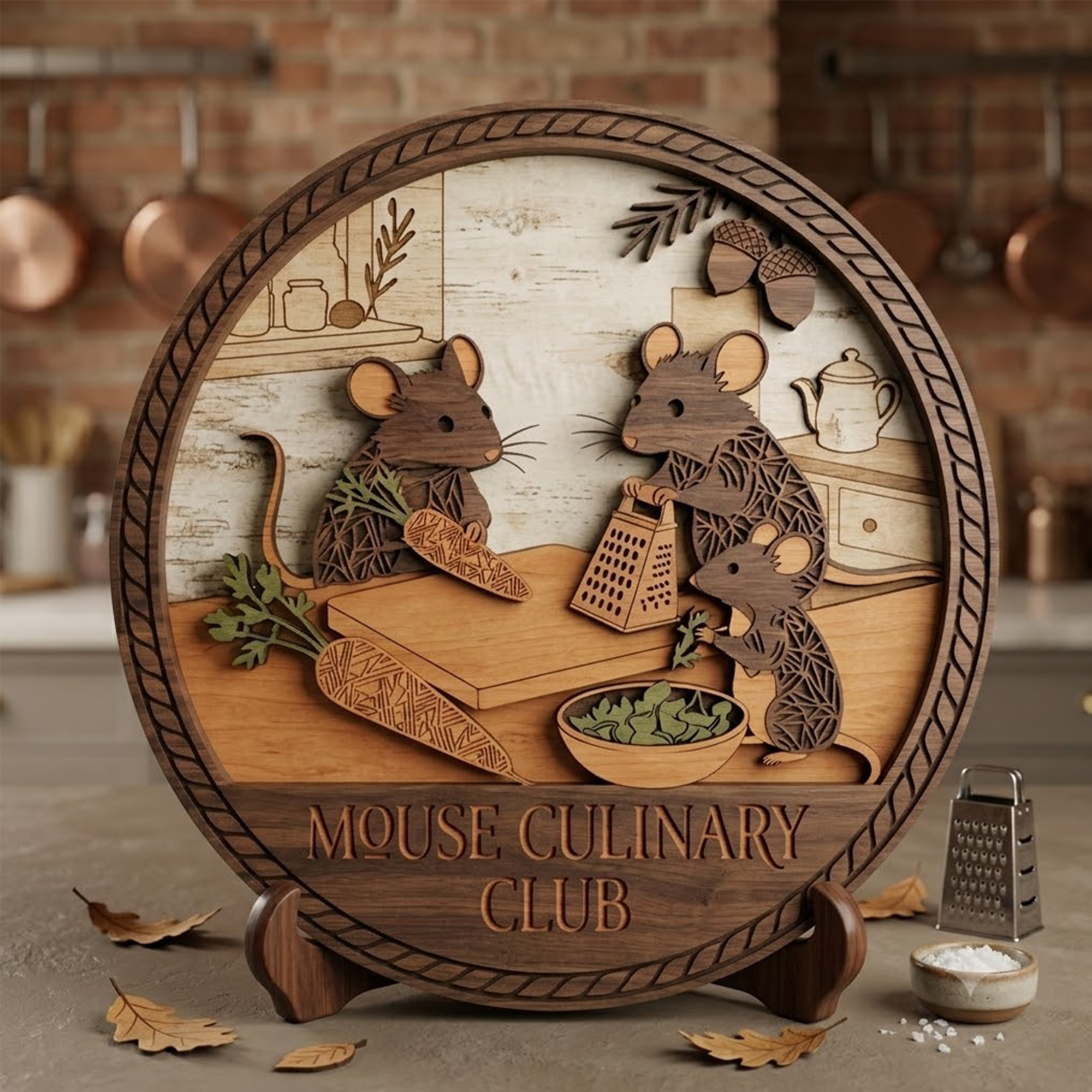 Wooden Layered Wall Art, Mouse Culinary Club Sign, 3D Multi Layer Wood Decor, Kitchen Animal Artwork, Cute Mouse Wall Hanging