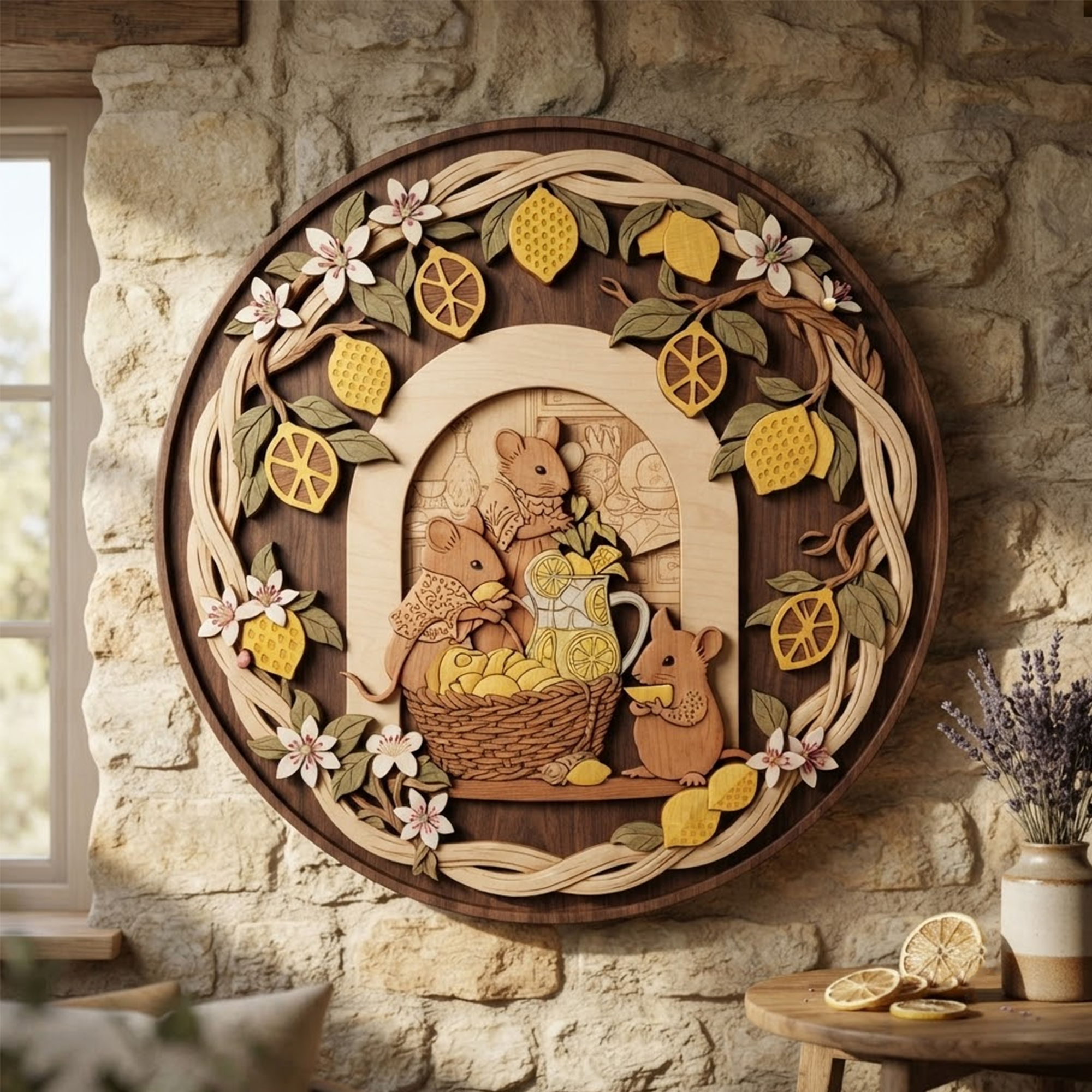 Mice Making Lemonade 3 Layer Wooden Wall Sign, Round Layered Wood Art, Cozy Kitchen Decor, Handcrafted Gift, Gloria Ink Shop