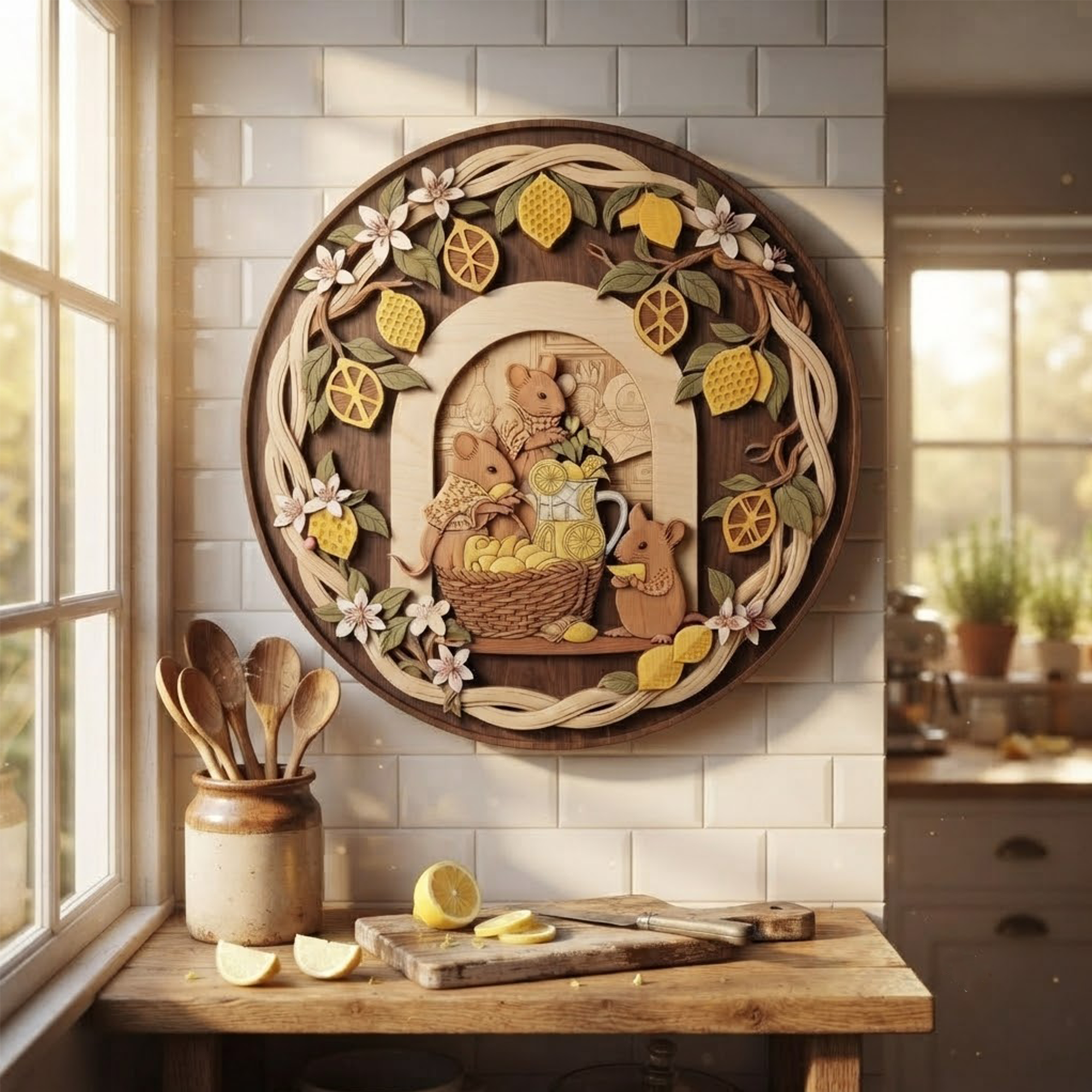 Mice Making Lemonade 3 Layer Wooden Wall Sign, Round Layered Wood Art, Cozy Kitchen Decor, Handcrafted Gift, Gloria Ink Shop