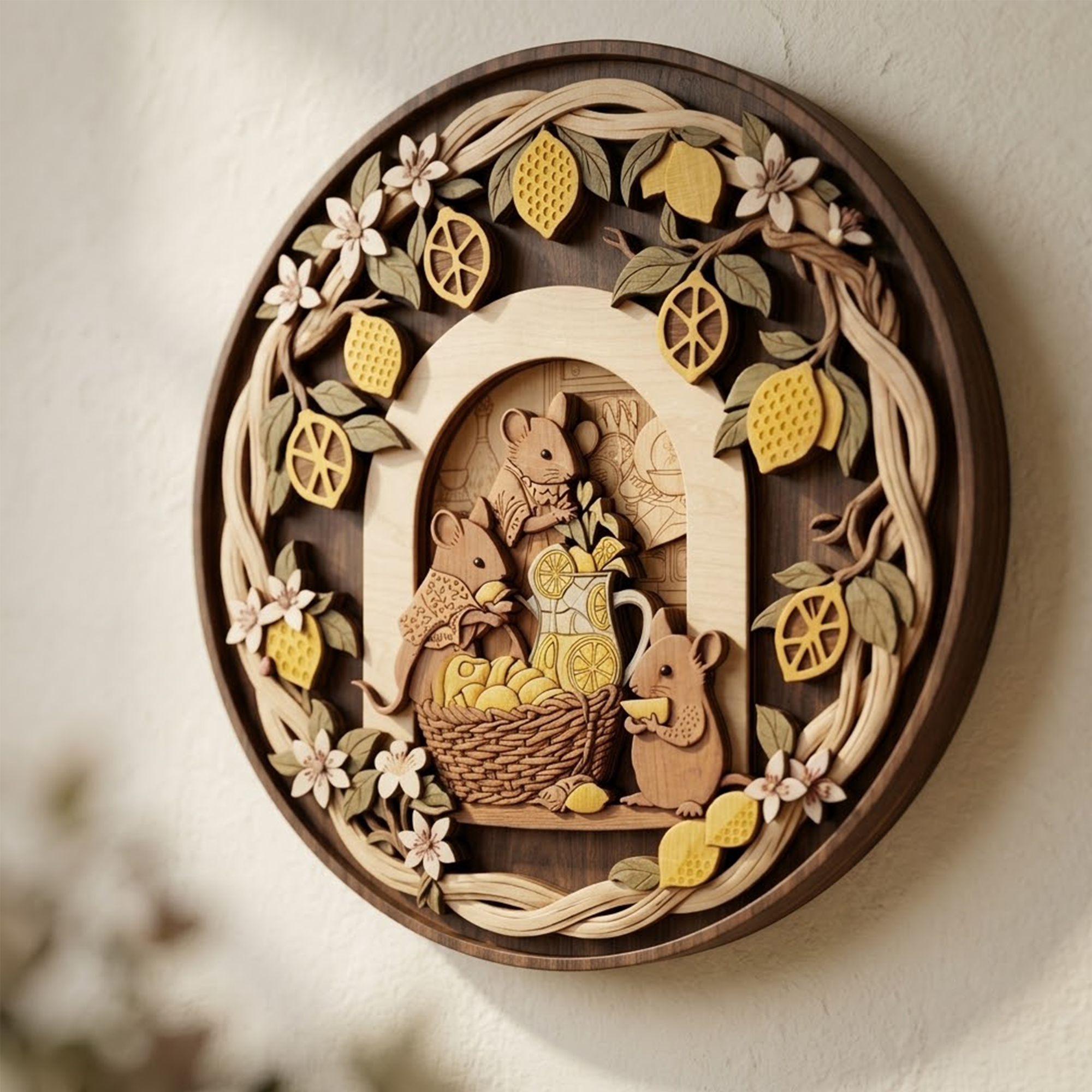 Mice Making Lemonade 3 Layer Wooden Wall Sign, Round Layered Wood Art, Cozy Kitchen Decor, Handcrafted Gift, Gloria Ink Shop