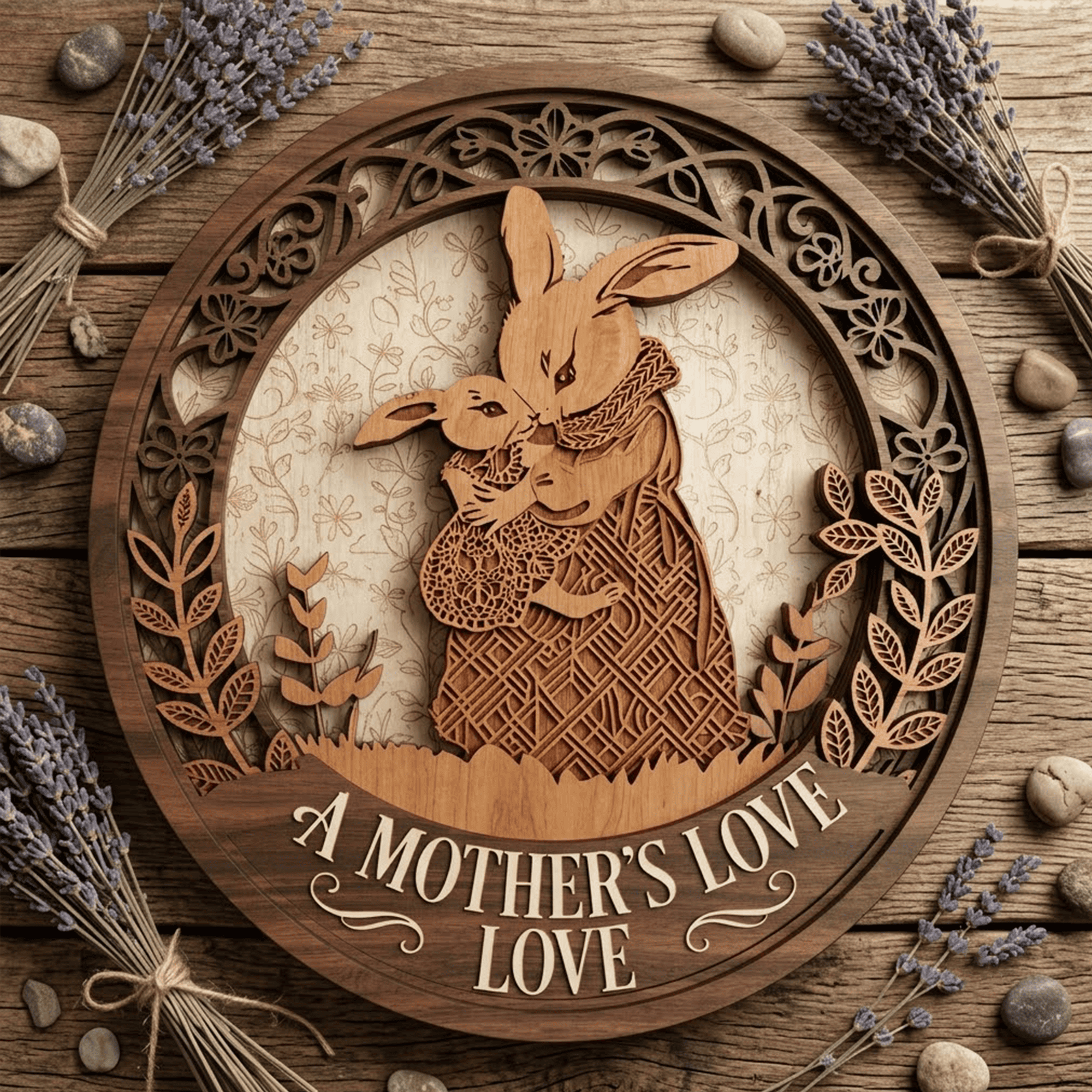 Mother Love Wooden Sign, 3 Layer Rabbit Wall Art, Family Home Decor, Nursery Wooden Sign Gift, Cute Animal Wall Hanging, Gloria Ink Shop Boutique