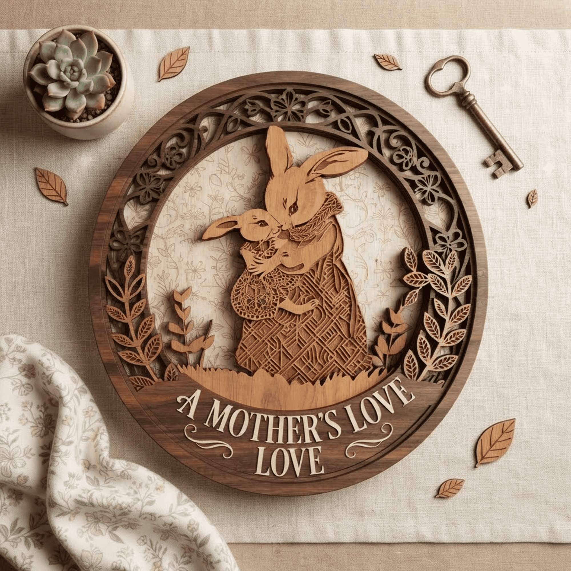 Mother Love Wooden Sign, 3 Layer Rabbit Wall Art, Family Home Decor, Nursery Wooden Sign Gift, Cute Animal Wall Hanging, Gloria Ink Shop Boutique