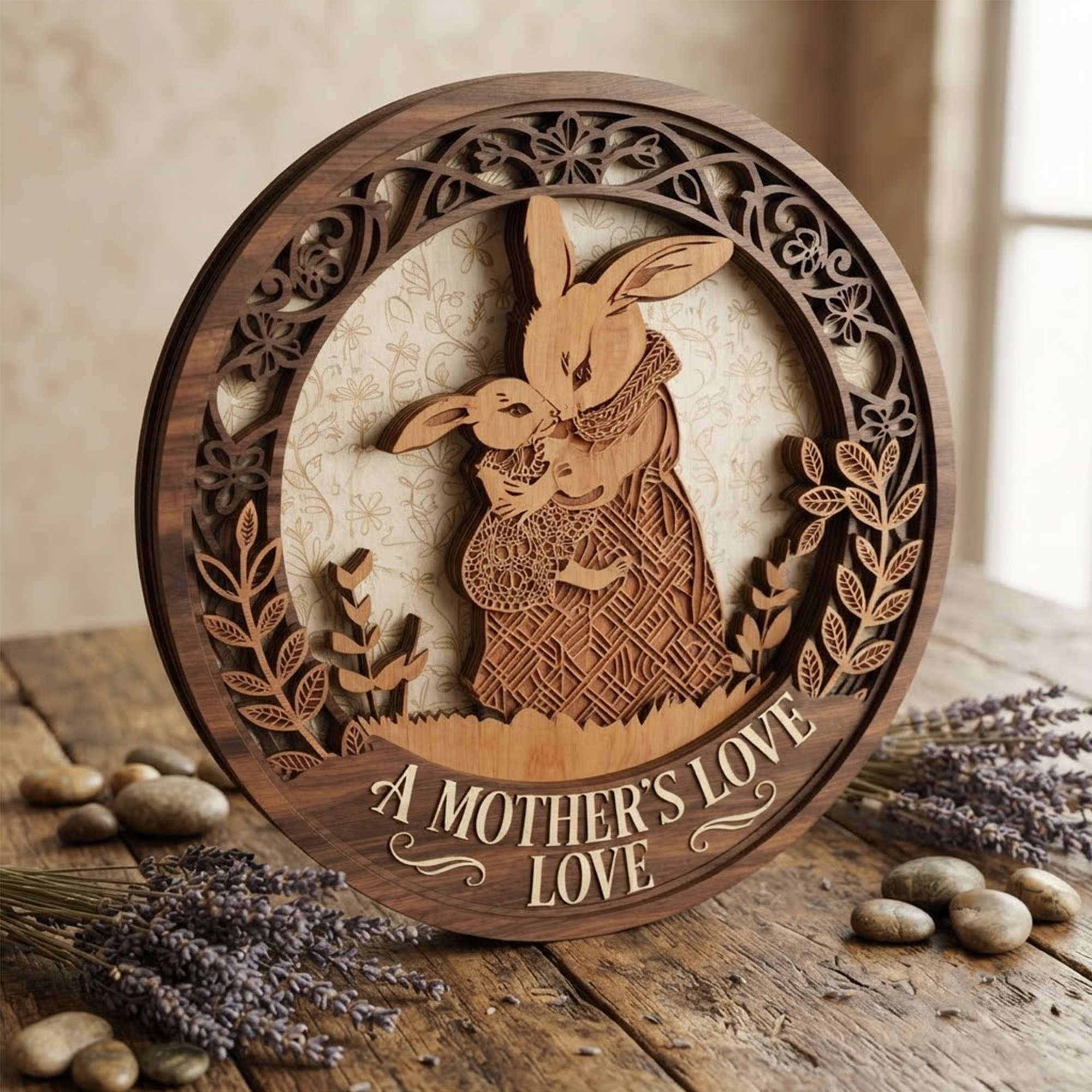 Mother Love Wooden Sign, 3 Layer Rabbit Wall Art, Family Home Decor, Nursery Wooden Sign Gift, Cute Animal Wall Hanging, Gloria Ink Shop Boutique