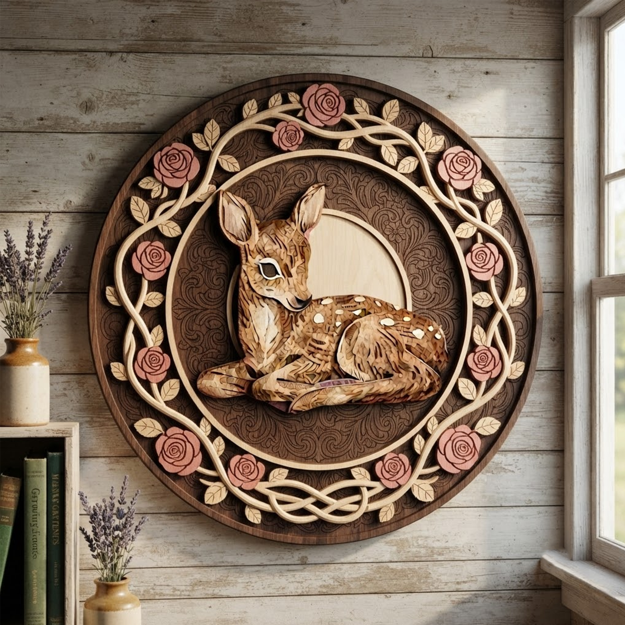 Wooden Deer Sign, 3 Layer Wooden Sign, Floral Deer Wall Decor, Rustic Woodland Nursery Decor, Cottagecore Wood Wall Hanging, Nature Gift