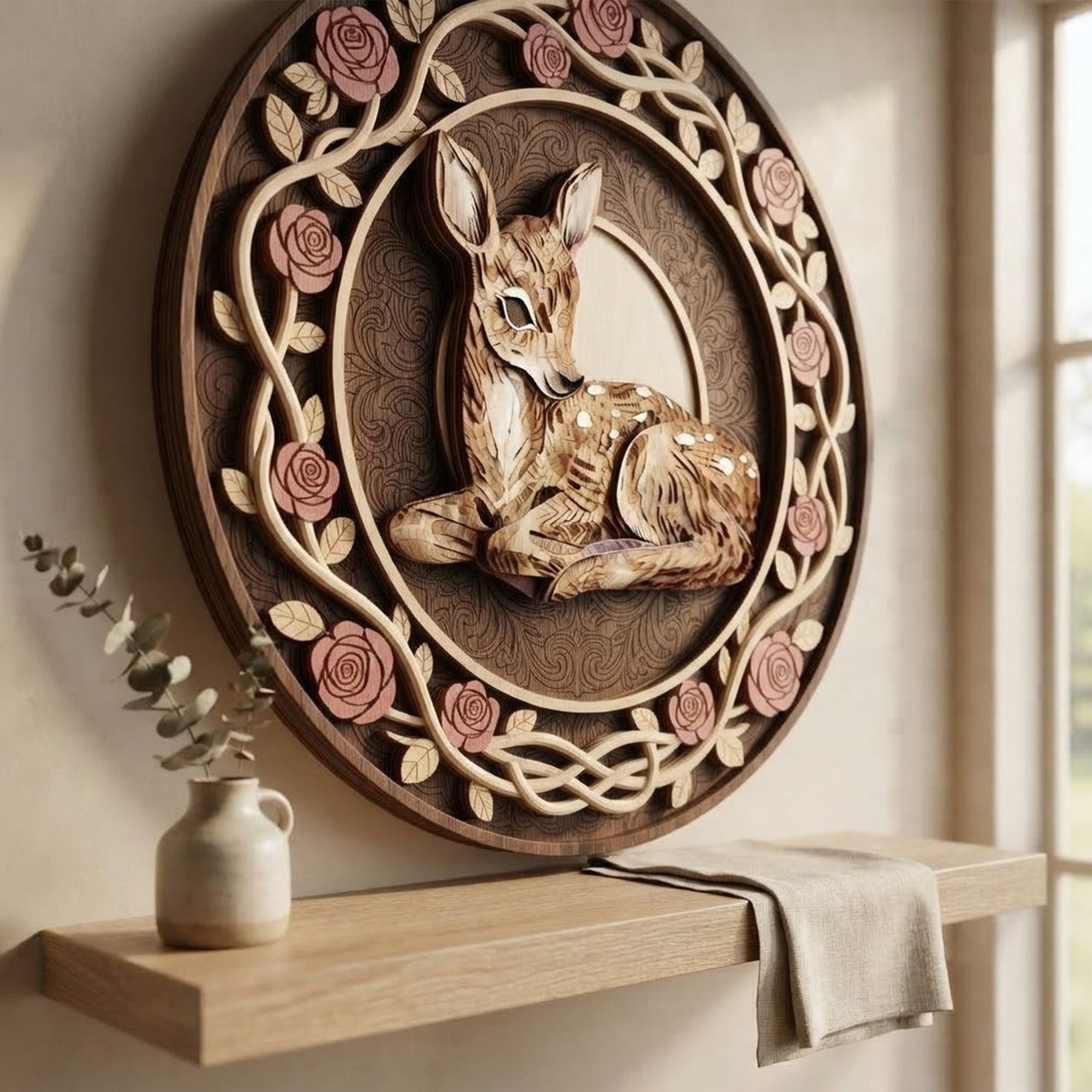 Wooden Deer Sign, 3 Layer Wooden Sign, Floral Deer Wall Decor, Rustic Woodland Nursery Decor, Cottagecore Wood Wall Hanging, Nature Gift