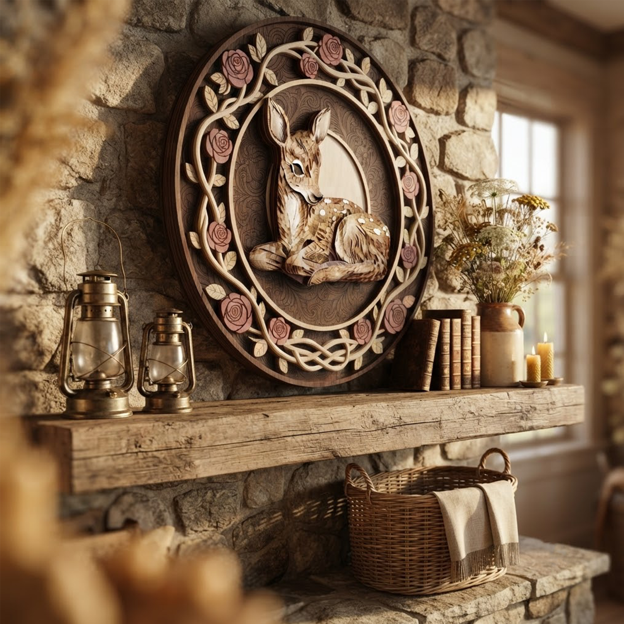 Wooden Deer Sign, 3 Layer Wooden Sign, Floral Deer Wall Decor, Rustic Woodland Nursery Decor, Cottagecore Wood Wall Hanging, Nature Gift