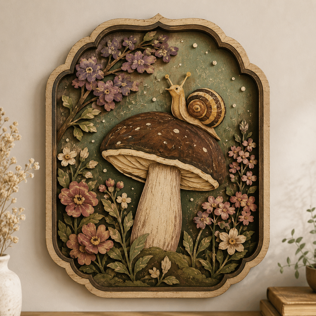 Mushroom & Snail Wooden Sign, 3 Layer Wooden Sign, Woodland Botanical Wall Decor, Cottagecore Forest Wall Art, Rustic Nature Gift
