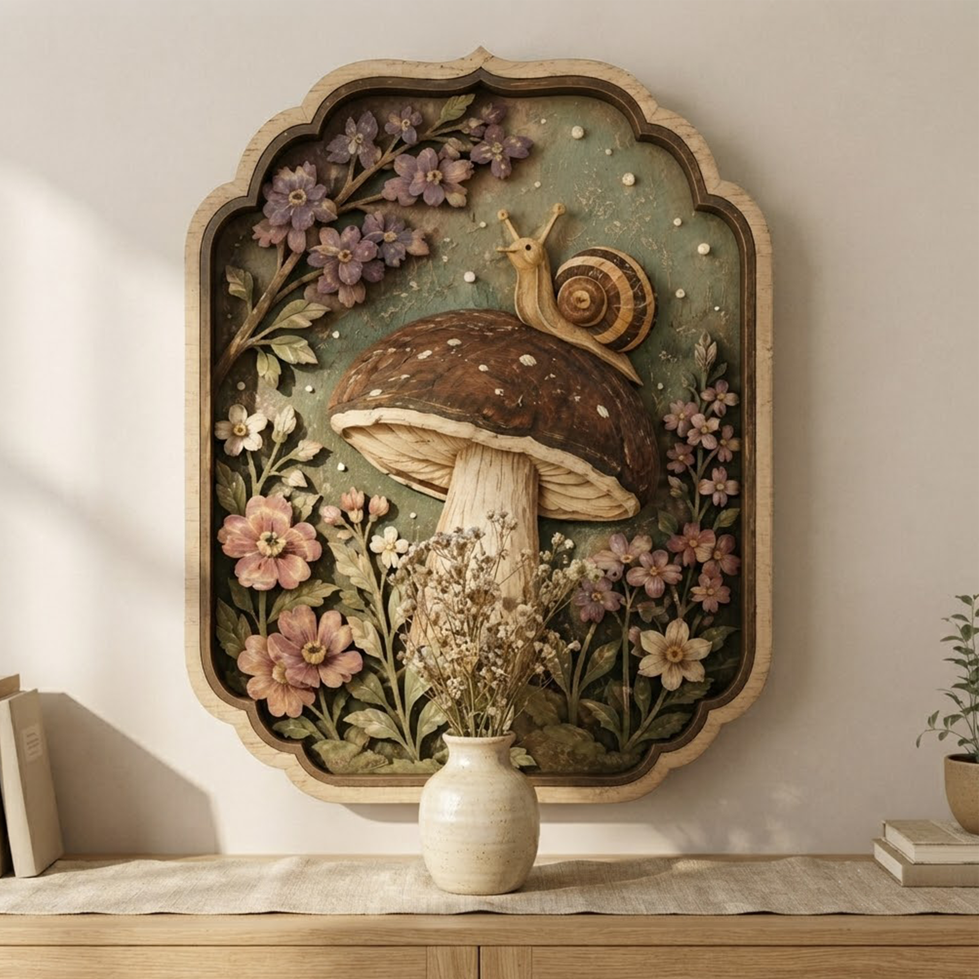 Mushroom & Snail Wooden Sign, 3 Layer Wooden Sign, Woodland Botanical Wall Decor, Cottagecore Forest Wall Art, Rustic Nature Gift