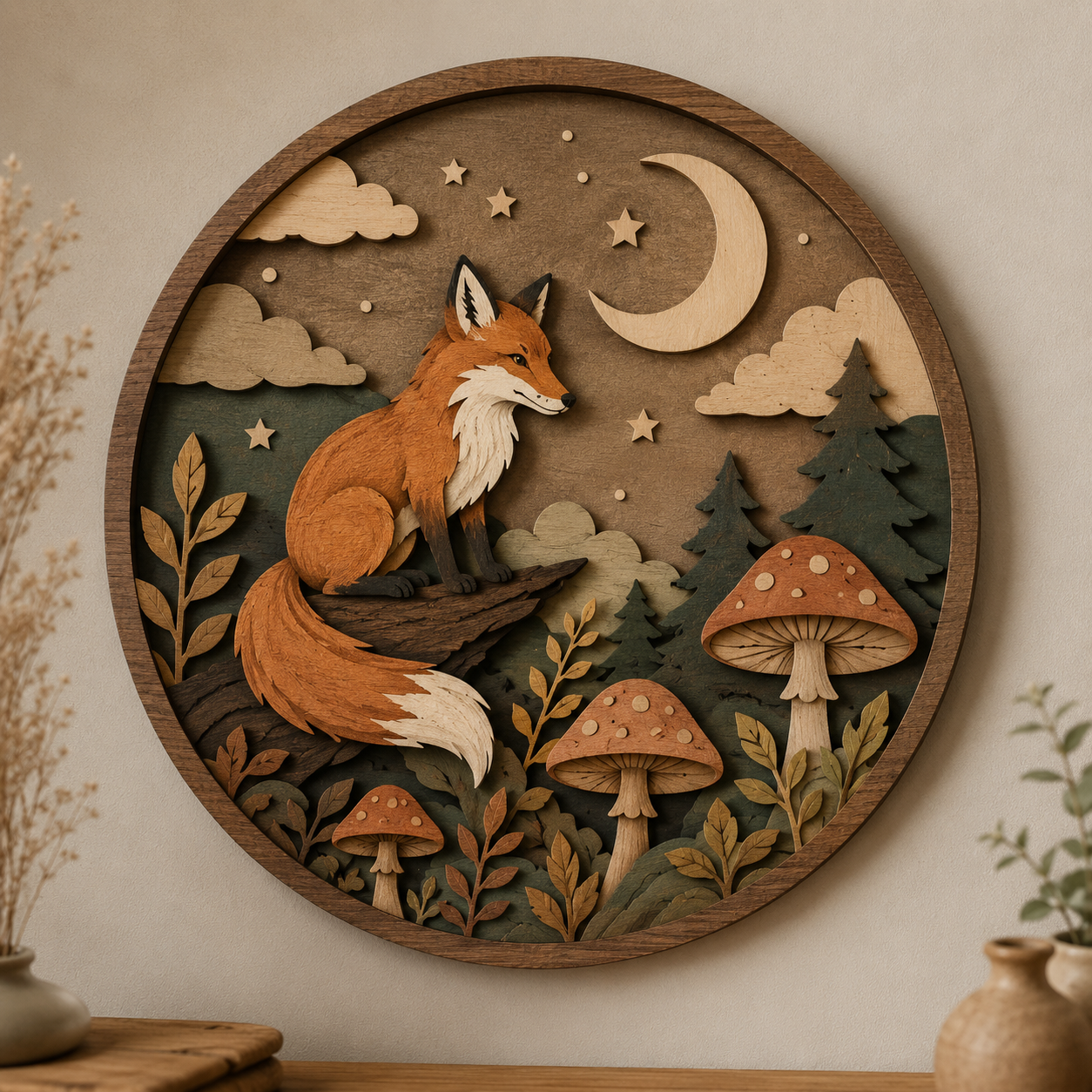 Night Fox Forest Wall Art, 3 Layer Wooden Sign, Layered Wood Decor, Woodland Nursery Decor, Gloria Ink Shop