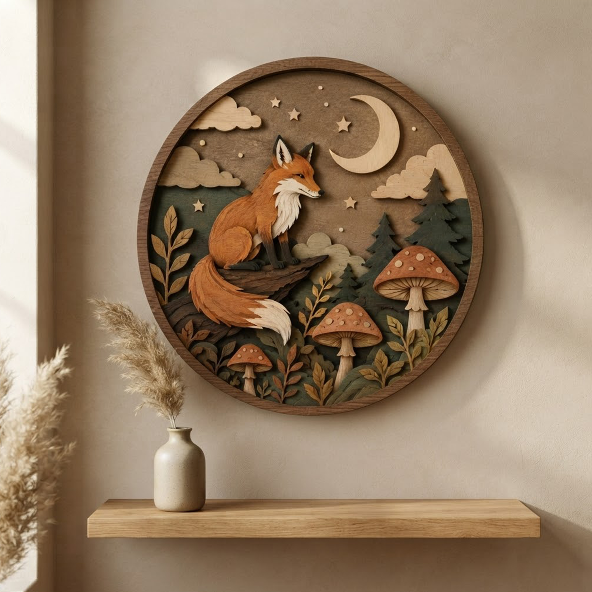 Night Fox Forest Wall Art, 3 Layer Wooden Sign, Layered Wood Decor, Woodland Nursery Decor, Gloria Ink Shop