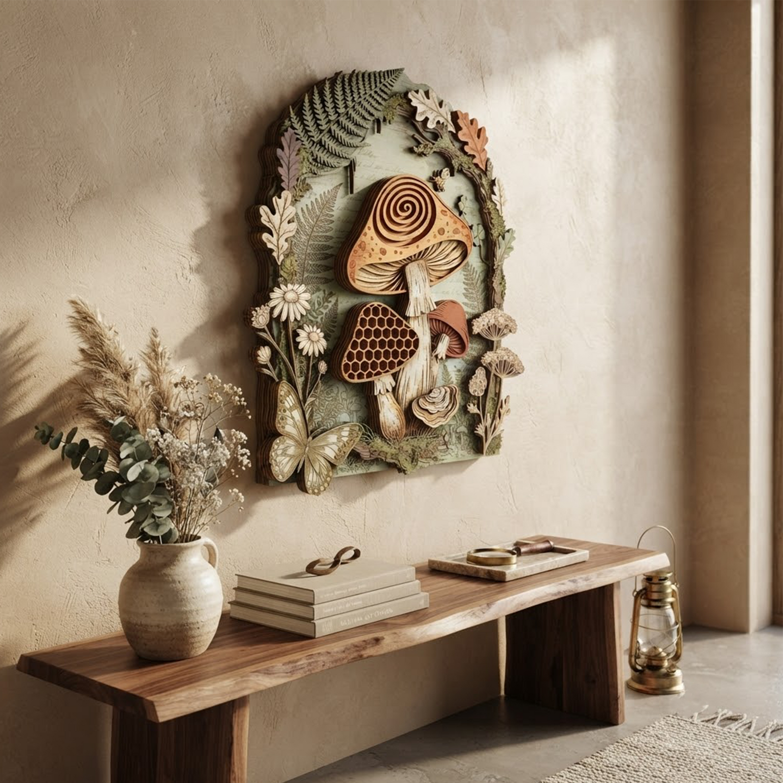 Layered Wooden Mushroom Sign, Cottagecore Woodland Wall Decor, Forest Mushroom Wall Hanging, Nature Botanical Wooden Sign, Rustic Home Decor