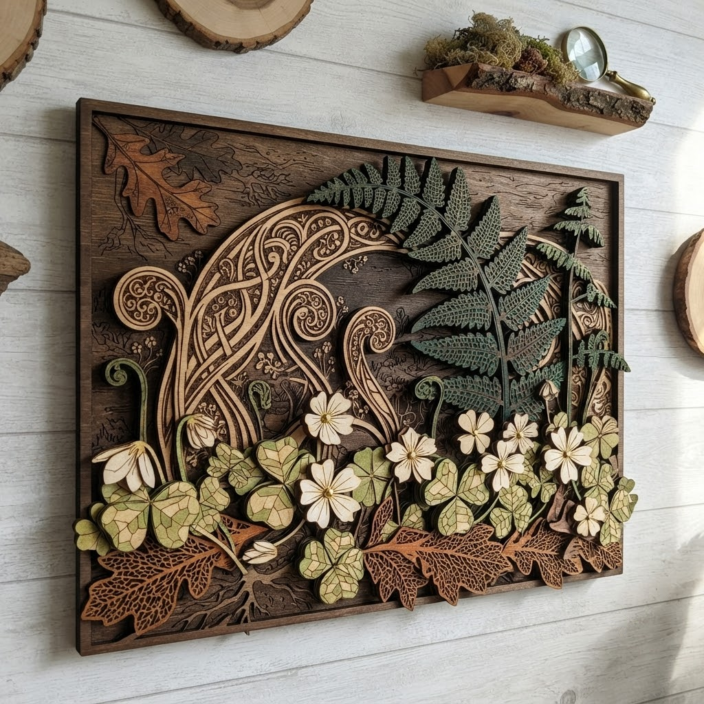Woodland Fern Wooden Sign, 3 Layer Botanical Wall Decor, Celtic Forest Wall Art, Nature Lover Gift, Rustic Cottage Home Decor