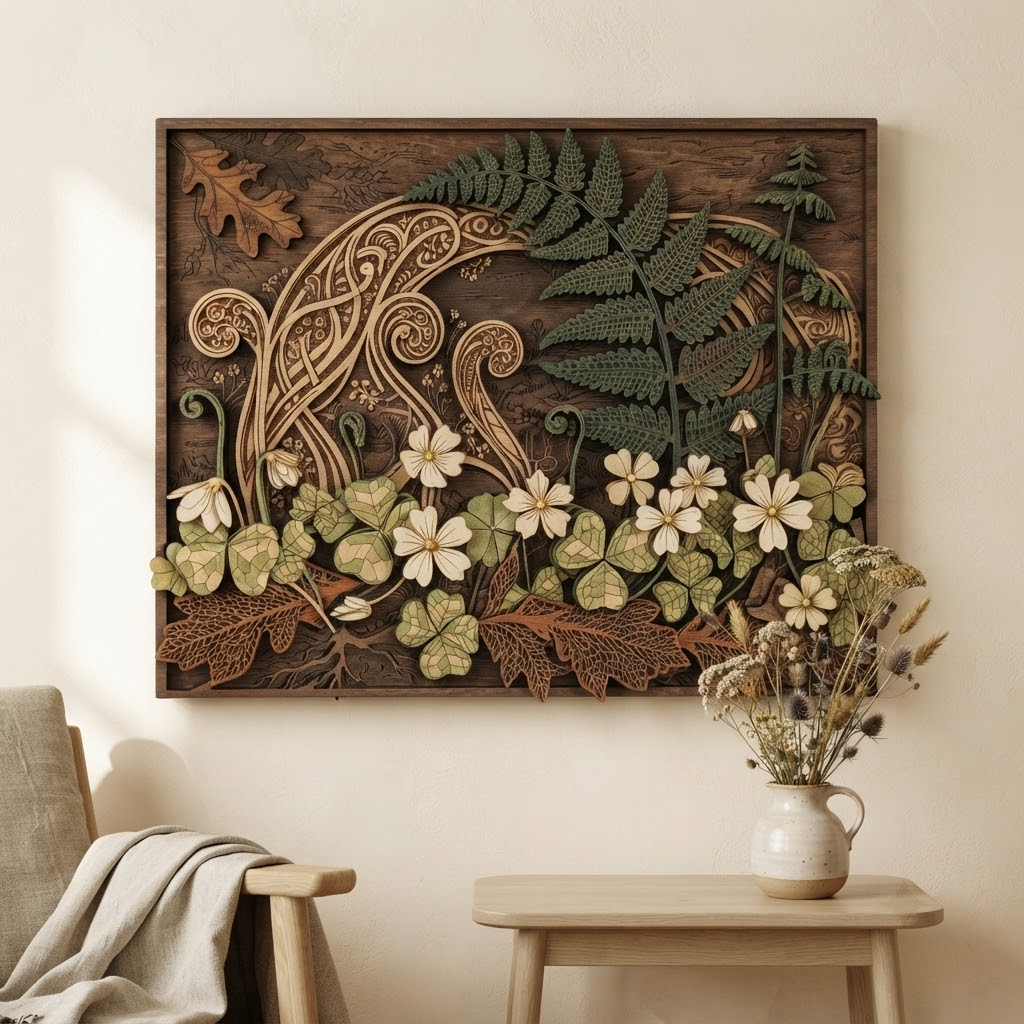 Woodland Fern Wooden Sign, 3 Layer Botanical Wall Decor, Celtic Forest Wall Art, Nature Lover Gift, Rustic Cottage Home Decor