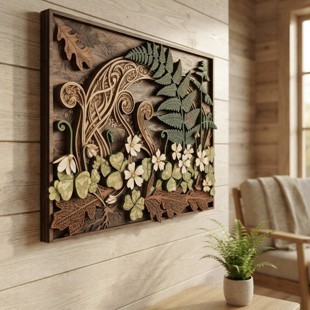 Woodland Fern Wooden Sign, 3 Layer Botanical Wall Decor, Celtic Forest Wall Art, Nature Lover Gift, Rustic Cottage Home Decor