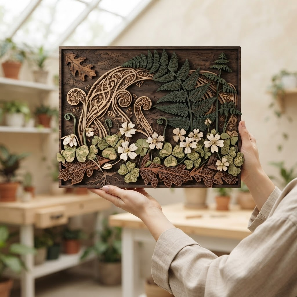 Woodland Fern Wooden Sign, 3 Layer Botanical Wall Decor, Celtic Forest Wall Art, Nature Lover Gift, Rustic Cottage Home Decor