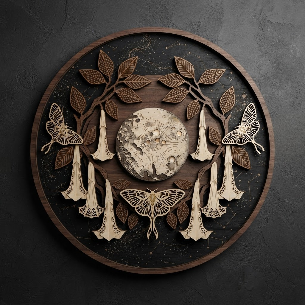 Celestial Moon Wooden Sign, 3 Layer Botanical Wall Decor, Moth Moon Wall Art, Gothic Nature Round Sign, Cottagecore Gift