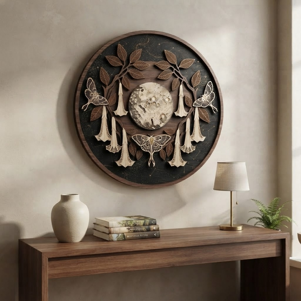 Celestial Moon Wooden Sign, 3 Layer Botanical Wall Decor, Moth Moon Wall Art, Gothic Nature Round Sign, Cottagecore Gift