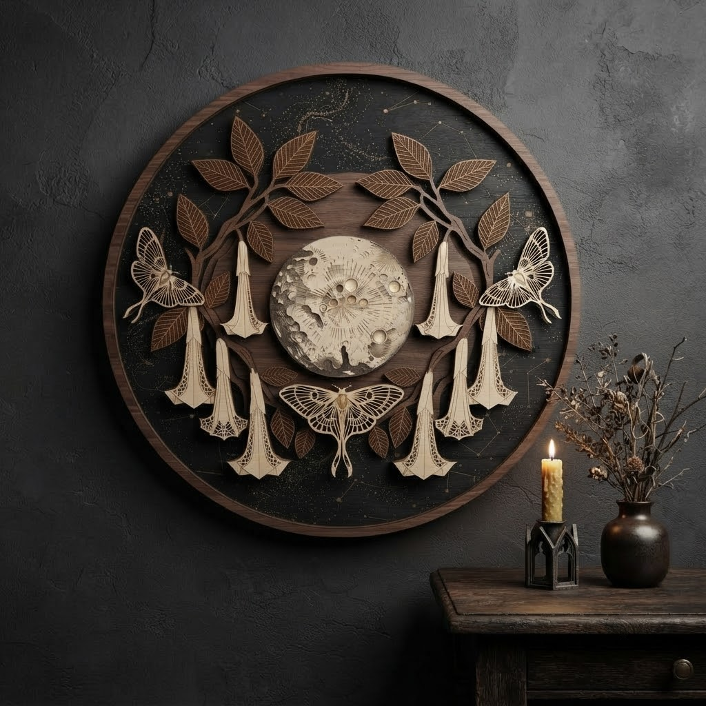 Celestial Moon Wooden Sign, 3 Layer Botanical Wall Decor, Moth Moon Wall Art, Gothic Nature Round Sign, Cottagecore Gift