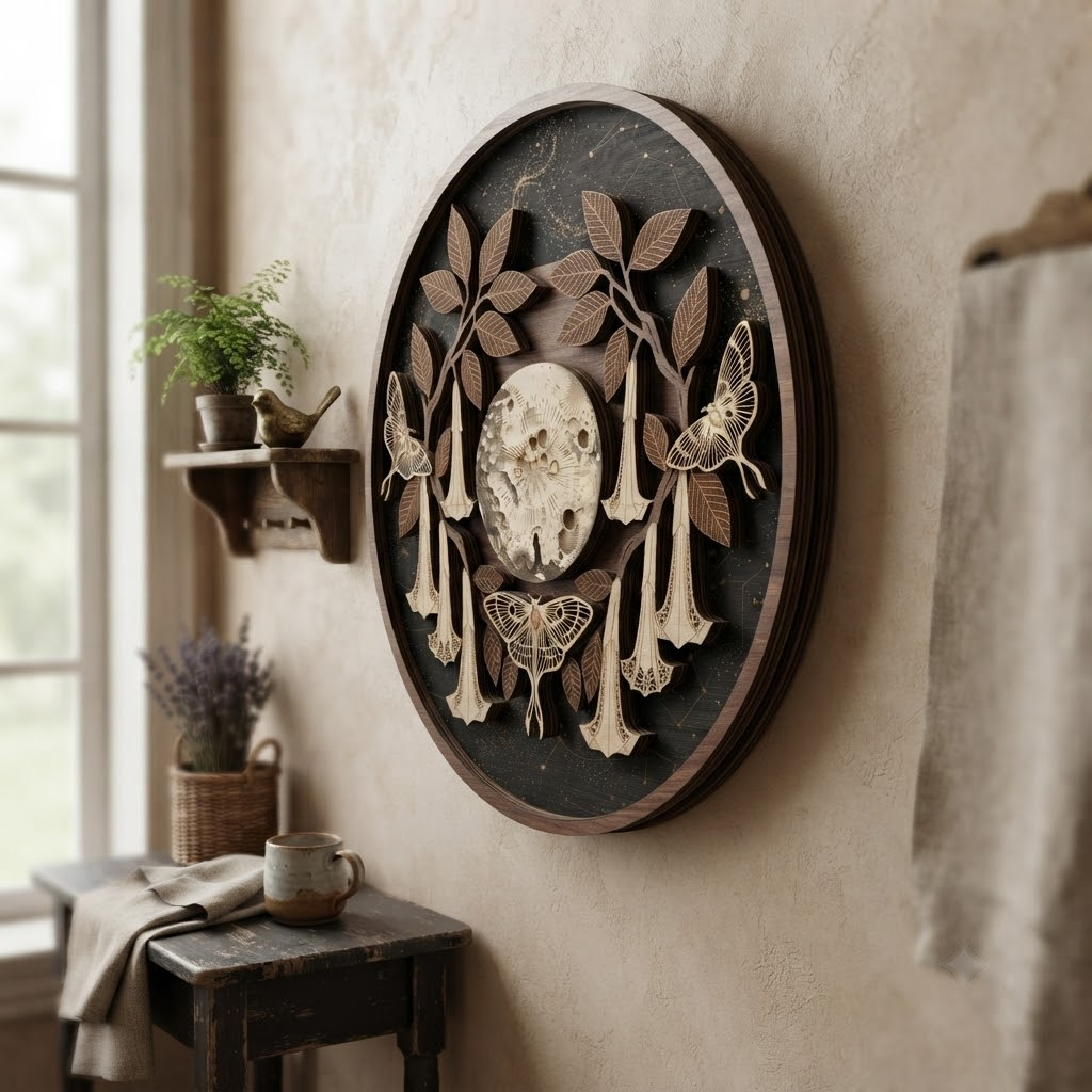 Celestial Moon Wooden Sign, 3 Layer Botanical Wall Decor, Moth Moon Wall Art, Gothic Nature Round Sign, Cottagecore Gift