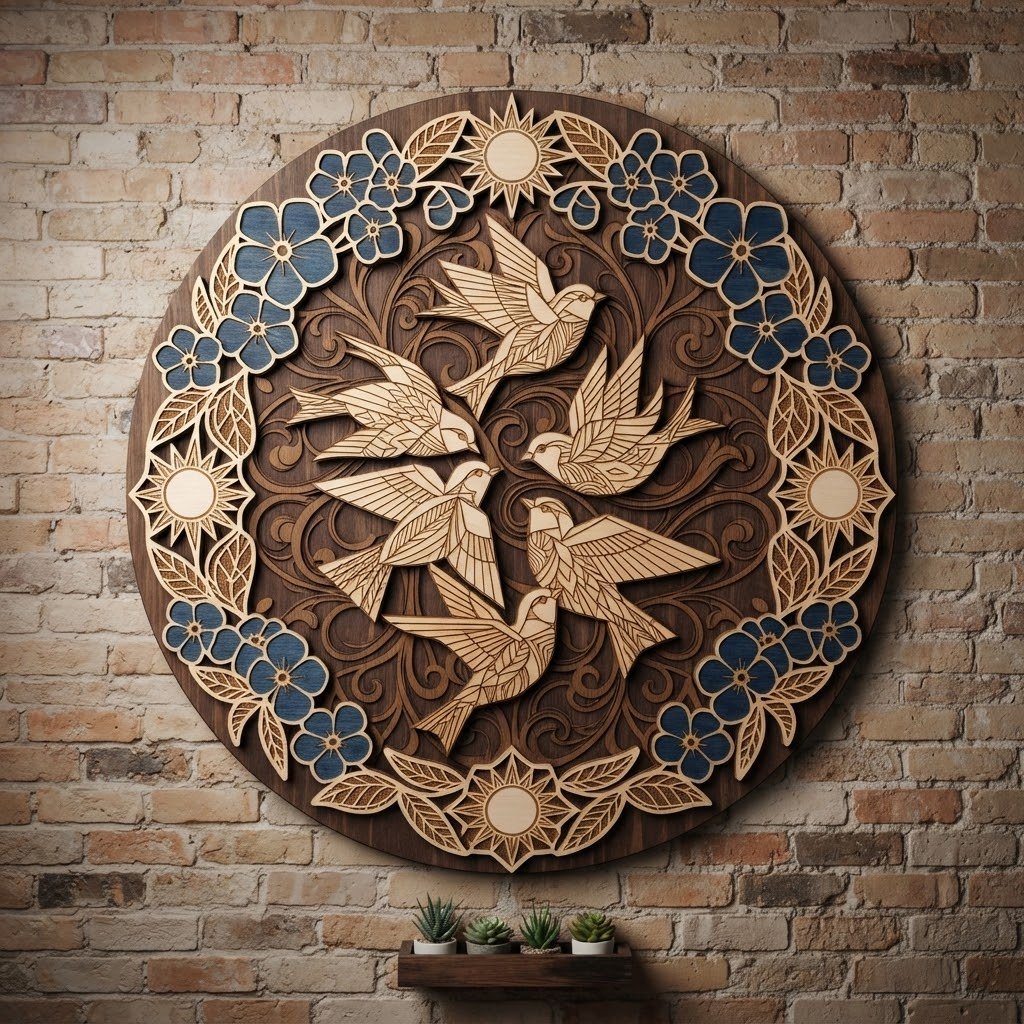 Bluebird Wooden Sign, 3 Layer Wooden Wall Decor, Floral Bird Round Sign, Rustic Nature Wall Art, Cottage Home Decor Gift