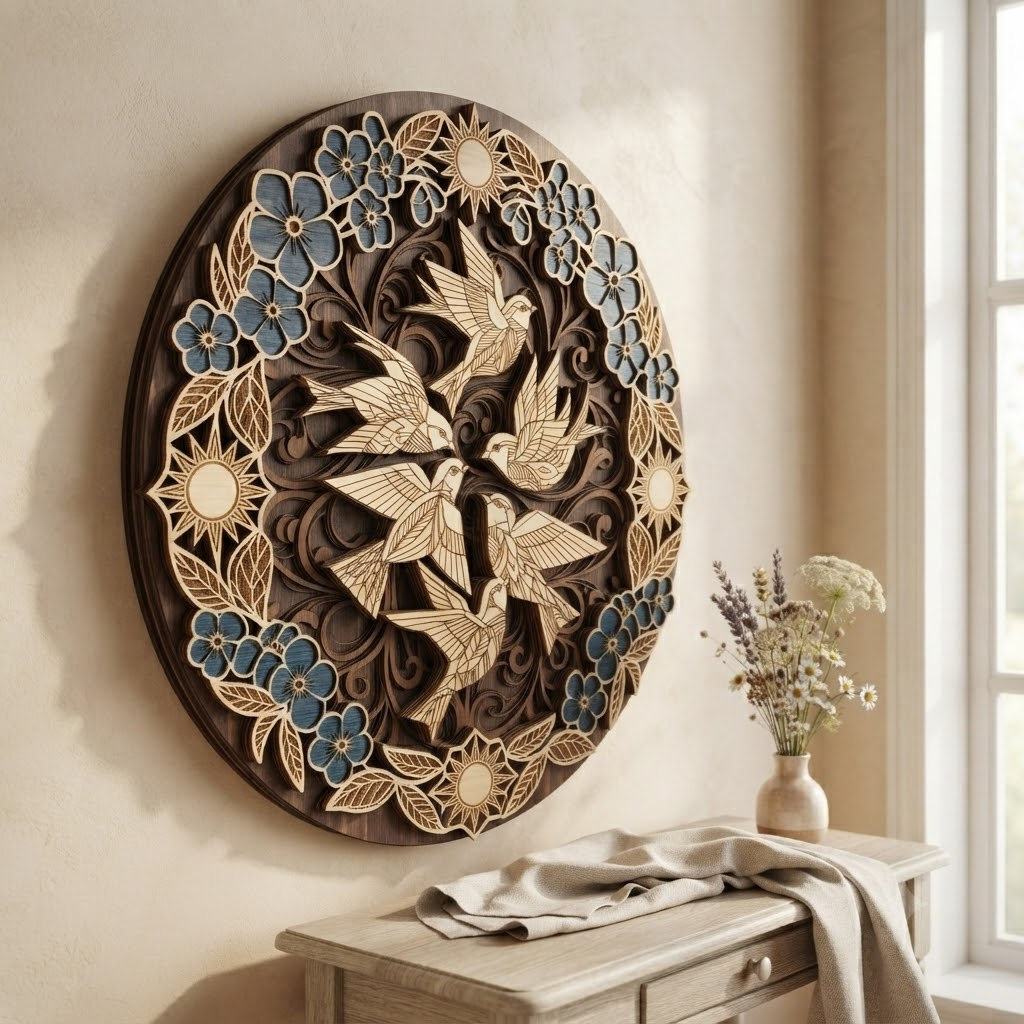 Bluebird Wooden Sign, 3 Layer Wooden Wall Decor, Floral Bird Round Sign, Rustic Nature Wall Art, Cottage Home Decor Gift
