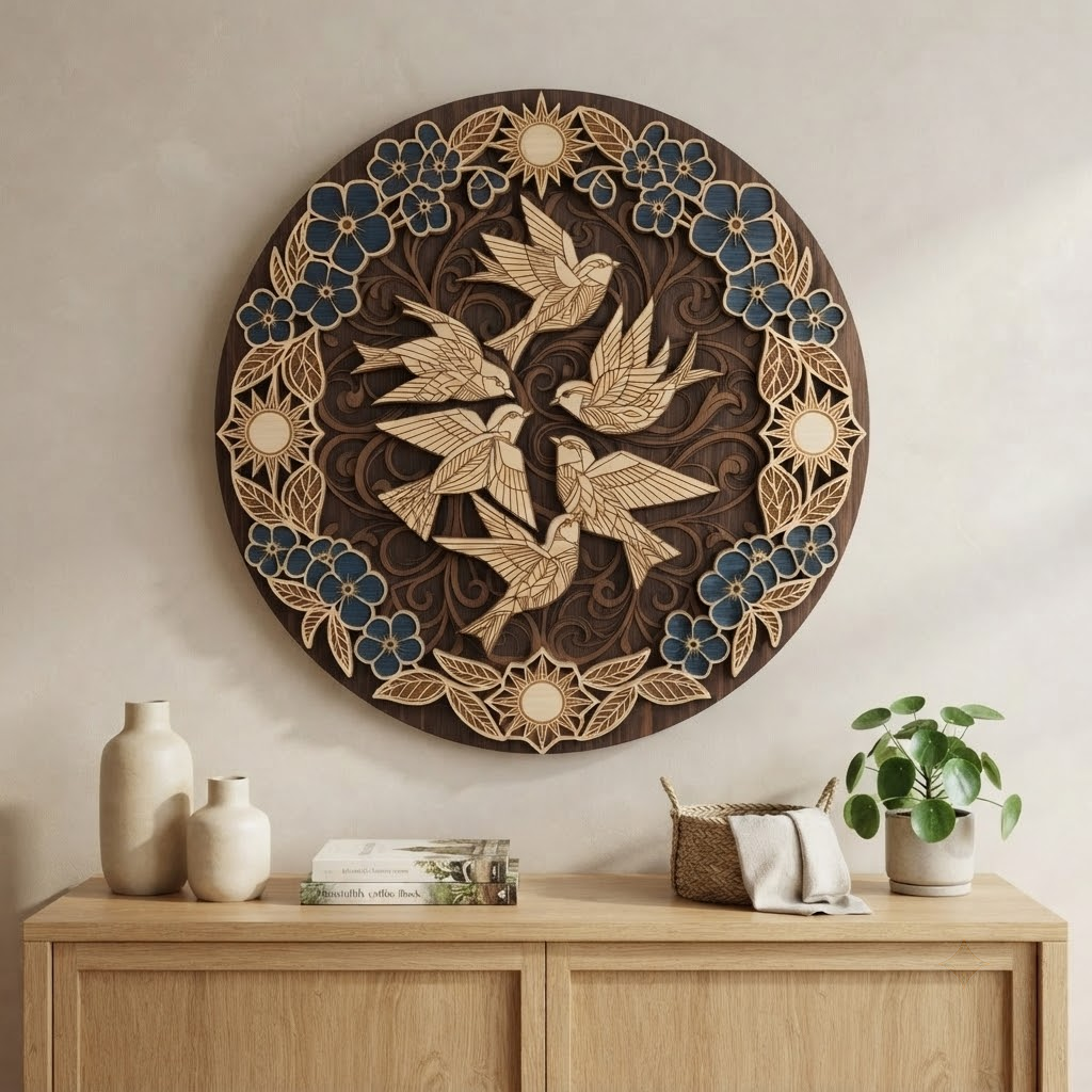 Bluebird Wooden Sign, 3 Layer Wooden Wall Decor, Floral Bird Round Sign, Rustic Nature Wall Art, Cottage Home Decor Gift