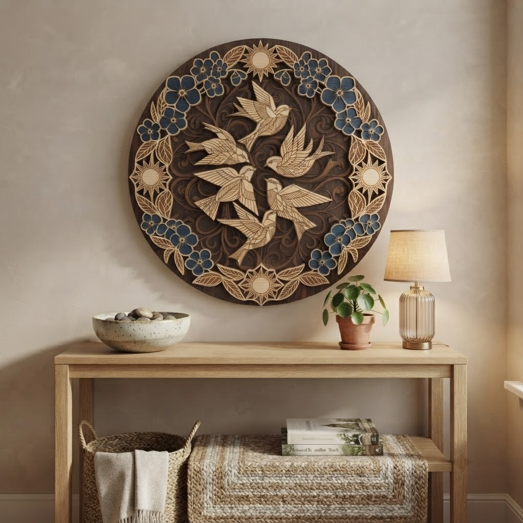 Bluebird Wooden Sign, 3 Layer Wooden Wall Decor, Floral Bird Round Sign, Rustic Nature Wall Art, Cottage Home Decor Gift