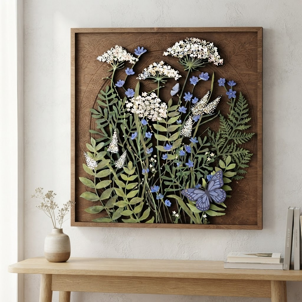 Wildflower Wooden Sign, 3 Layer Botanical Wall Decor, Butterfly Floral Wood Wall Art, Rustic Cottage Farmhouse Home Decor