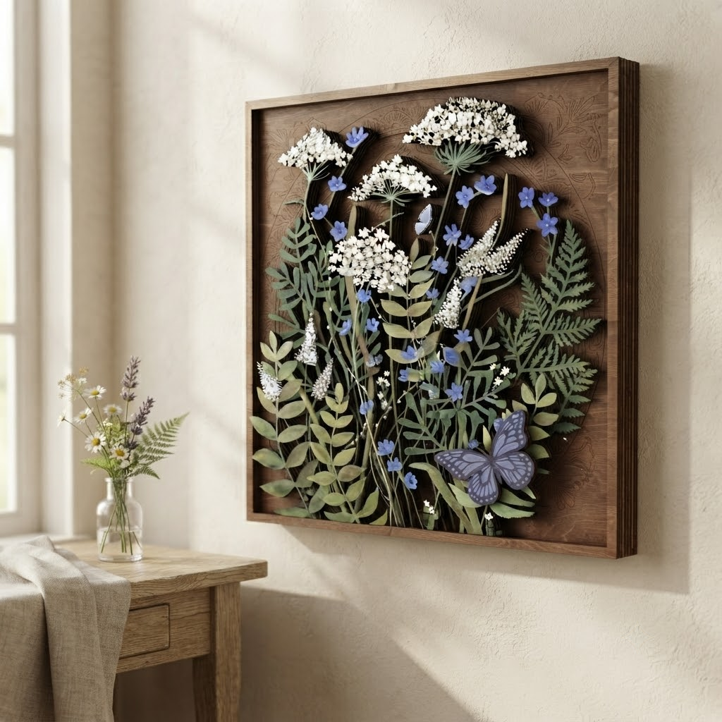 Wildflower Wooden Sign, 3 Layer Botanical Wall Decor, Butterfly Floral Wood Wall Art, Rustic Cottage Farmhouse Home Decor