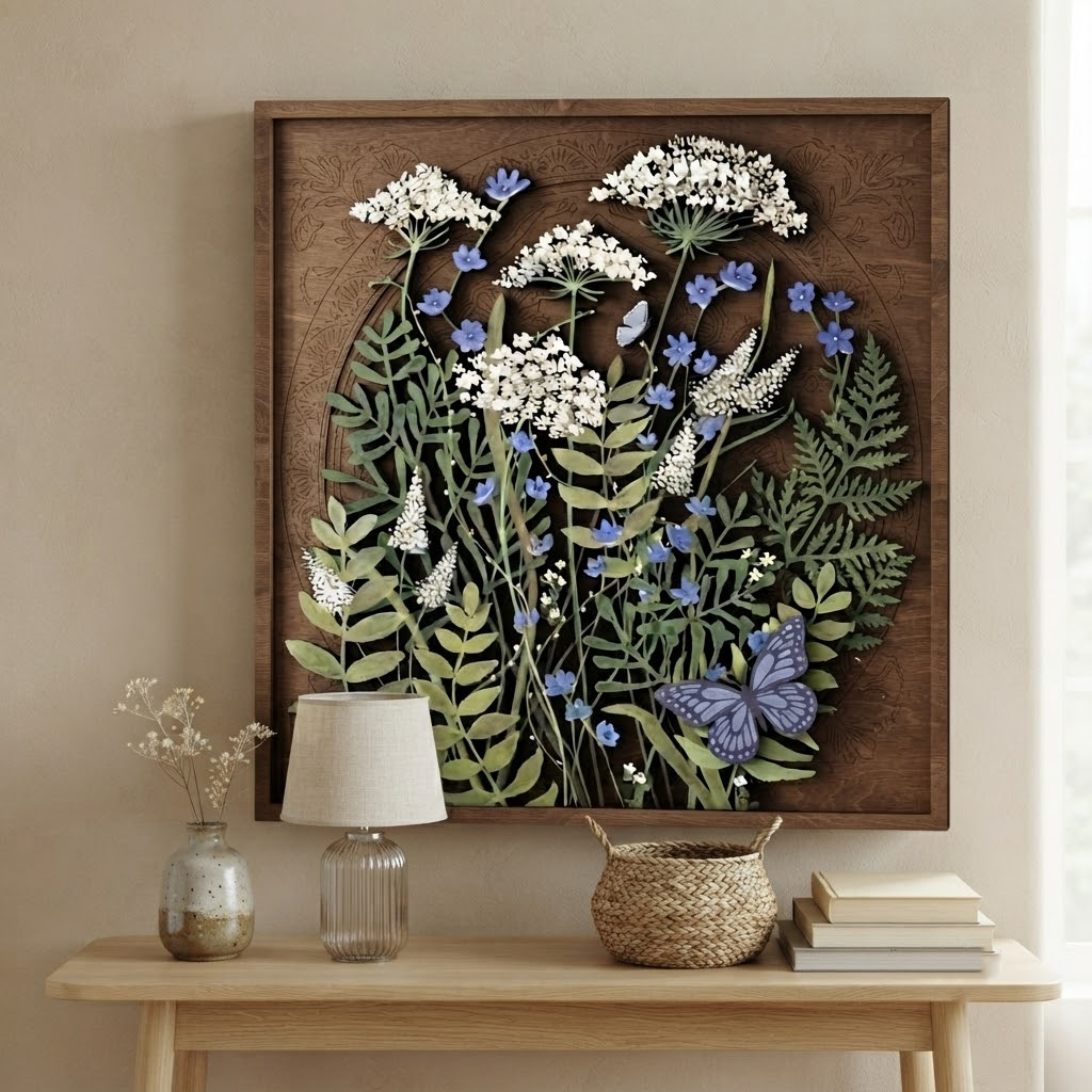 Wildflower Wooden Sign, 3 Layer Botanical Wall Decor, Butterfly Floral Wood Wall Art, Rustic Cottage Farmhouse Home Decor