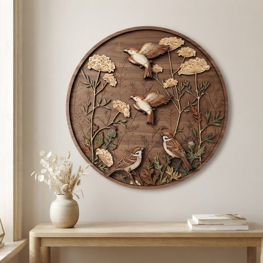 Sparrow Wooden Sign, 3 Layer Wooden Wall Decor, Bird Floral Round Sign, Rustic Nature Wall Art, Farmhouse Cottage Home Decor