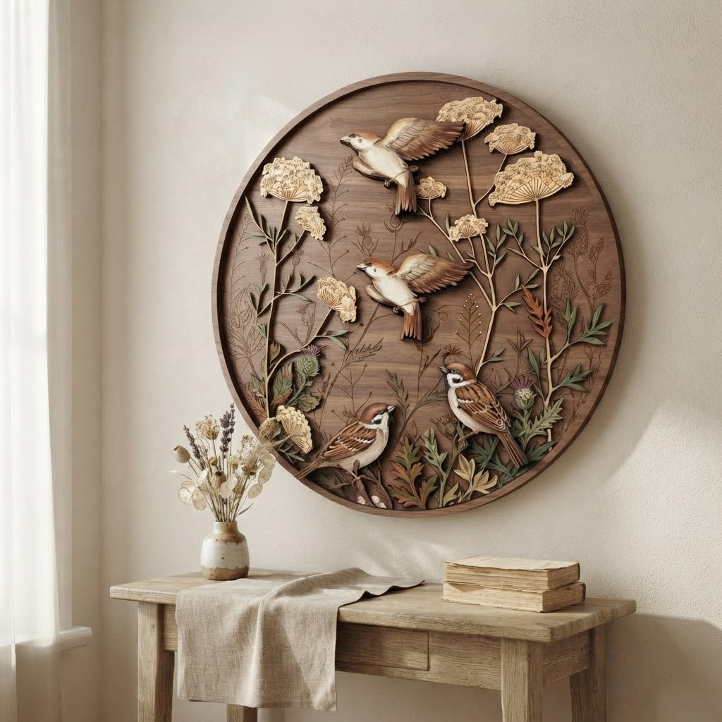 Sparrow Wooden Sign, 3 Layer Wooden Wall Decor, Bird Floral Round Sign, Rustic Nature Wall Art, Farmhouse Cottage Home Decor