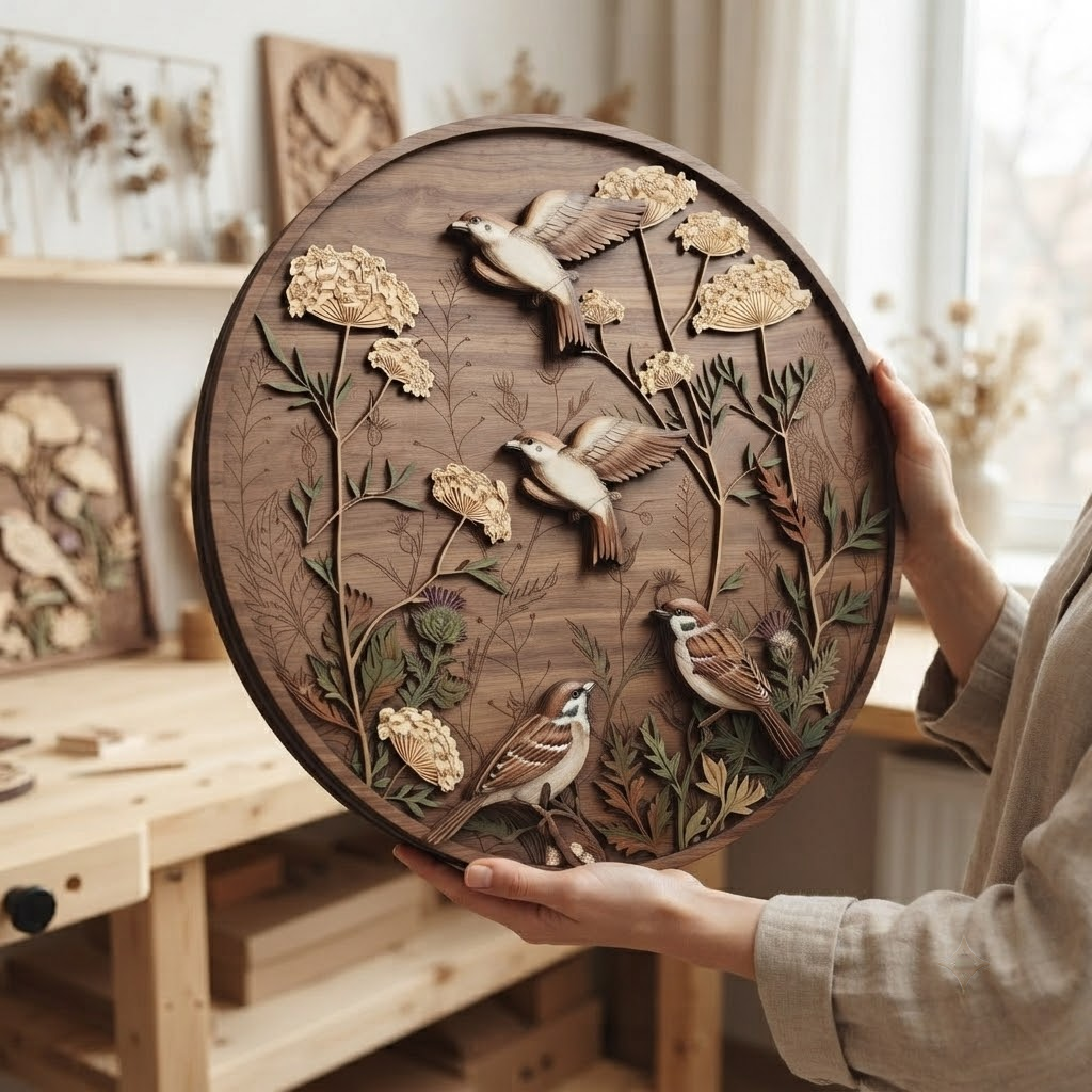 Sparrow Wooden Sign, 3 Layer Wooden Wall Decor, Bird Floral Round Sign, Rustic Nature Wall Art, Farmhouse Cottage Home Decor