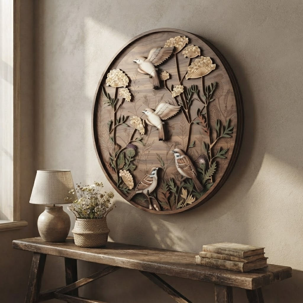 Sparrow Wooden Sign, 3 Layer Wooden Wall Decor, Bird Floral Round Sign, Rustic Nature Wall Art, Farmhouse Cottage Home Decor
