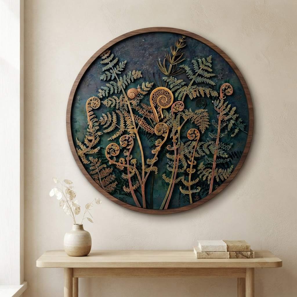 Fern Wooden Sign, 3 Layer Botanical Wall Decor, Round Nature Wall Art, Woodland Home Decor, Rustic Cottagecore Gift