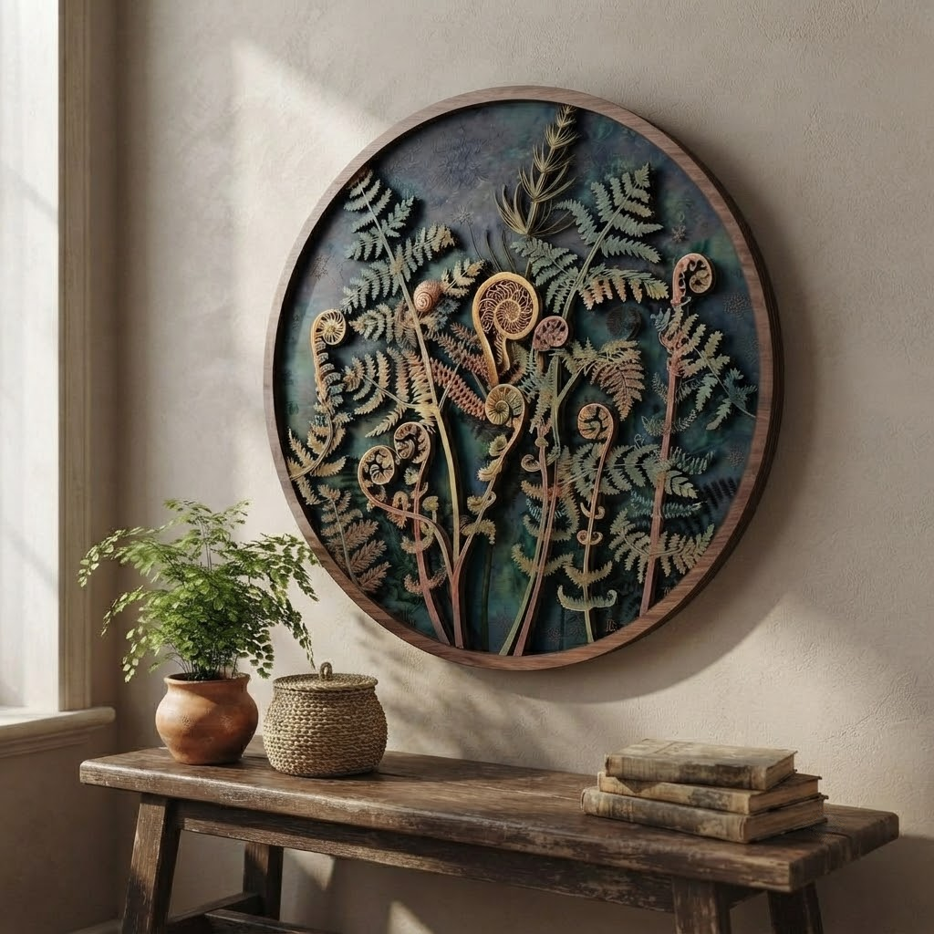 Fern Wooden Sign, 3 Layer Botanical Wall Decor, Round Nature Wall Art, Woodland Home Decor, Rustic Cottagecore Gift