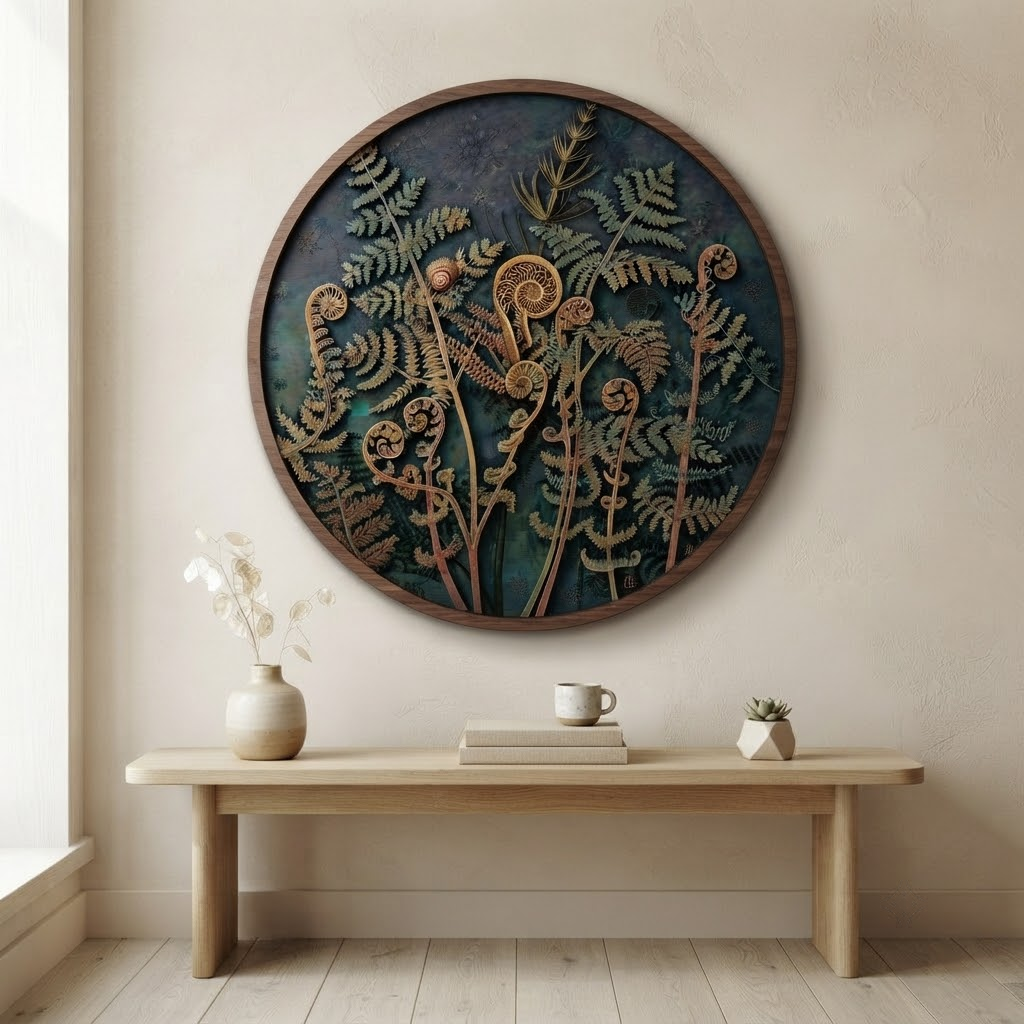Fern Wooden Sign, 3 Layer Botanical Wall Decor, Round Nature Wall Art, Woodland Home Decor, Rustic Cottagecore Gift
