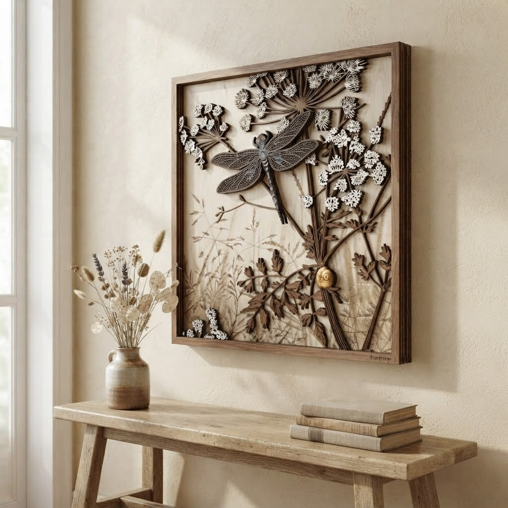 Dragonfly Wooden Sign, 3 Layer Botanical Wall Decor, Wildflower Nature Wall Art, Rustic Farmhouse Wooden Wall Hanging