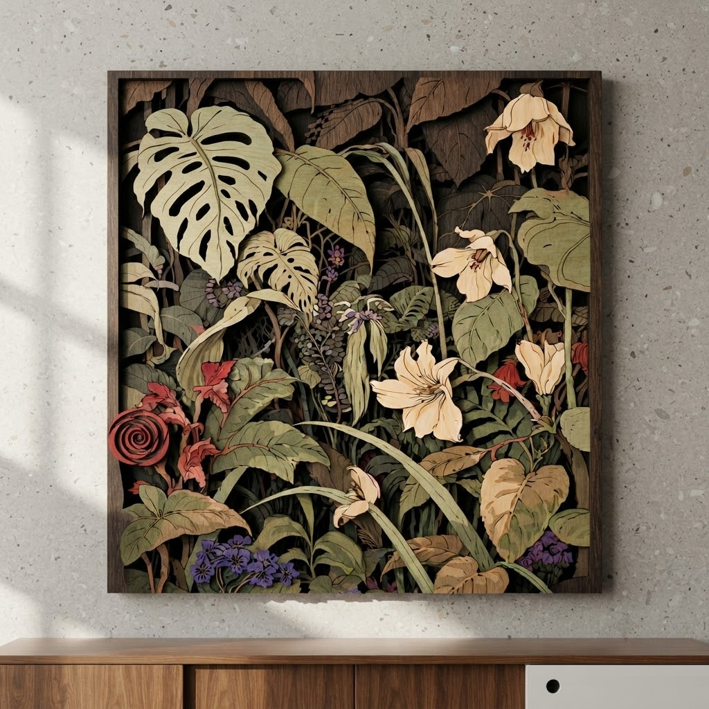 Tropical Botanical Wooden Sign, 3 Layer Wooden Wall Decor, Jungle Floral Wall Art, Monstera Flower Sign, Rustic Home Decor