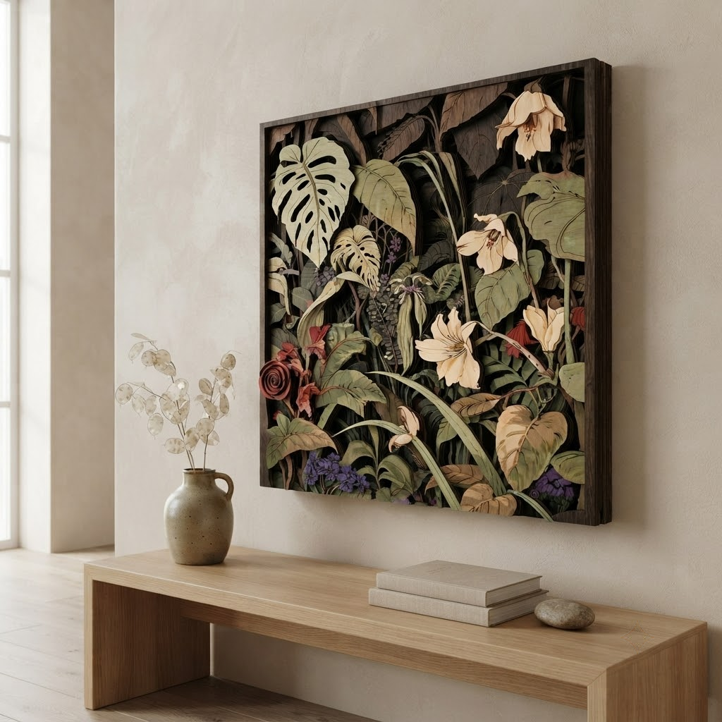 Tropical Botanical Wooden Sign, 3 Layer Wooden Wall Decor, Jungle Floral Wall Art, Monstera Flower Sign, Rustic Home Decor