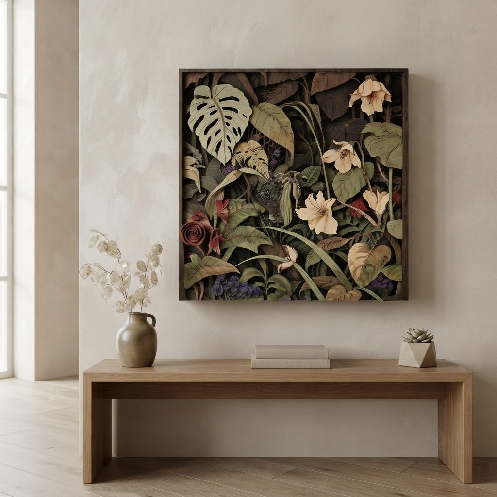 Tropical Botanical Wooden Sign, 3 Layer Wooden Wall Decor, Jungle Floral Wall Art, Monstera Flower Sign, Rustic Home Decor