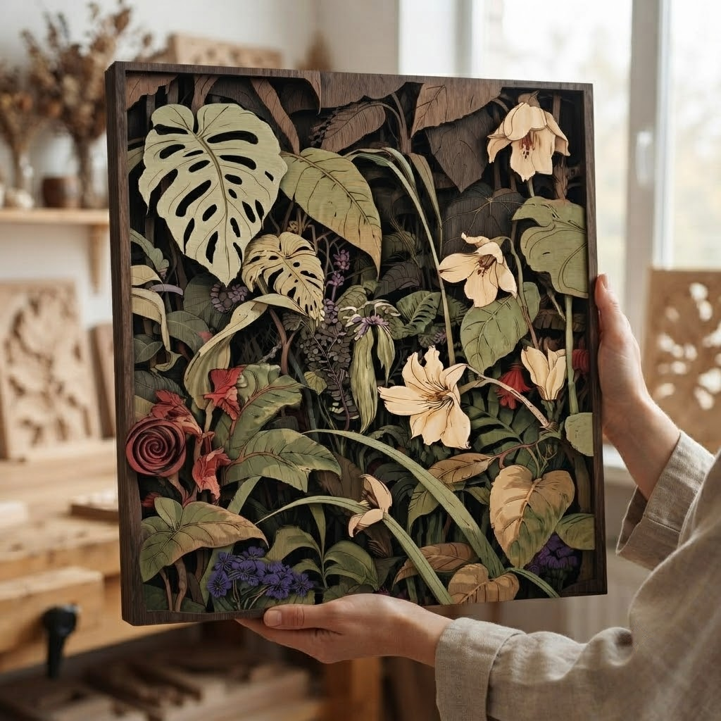 Tropical Botanical Wooden Sign, 3 Layer Wooden Wall Decor, Jungle Floral Wall Art, Monstera Flower Sign, Rustic Home Decor
