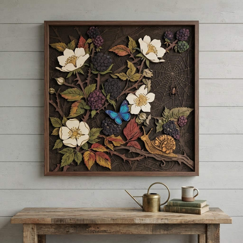 Blackberry Wooden Sign, 3 Layer Botanical Wall Decor, Woodland Floral Wall Art, Rustic Cottagecore Home Decor, Nature Gift